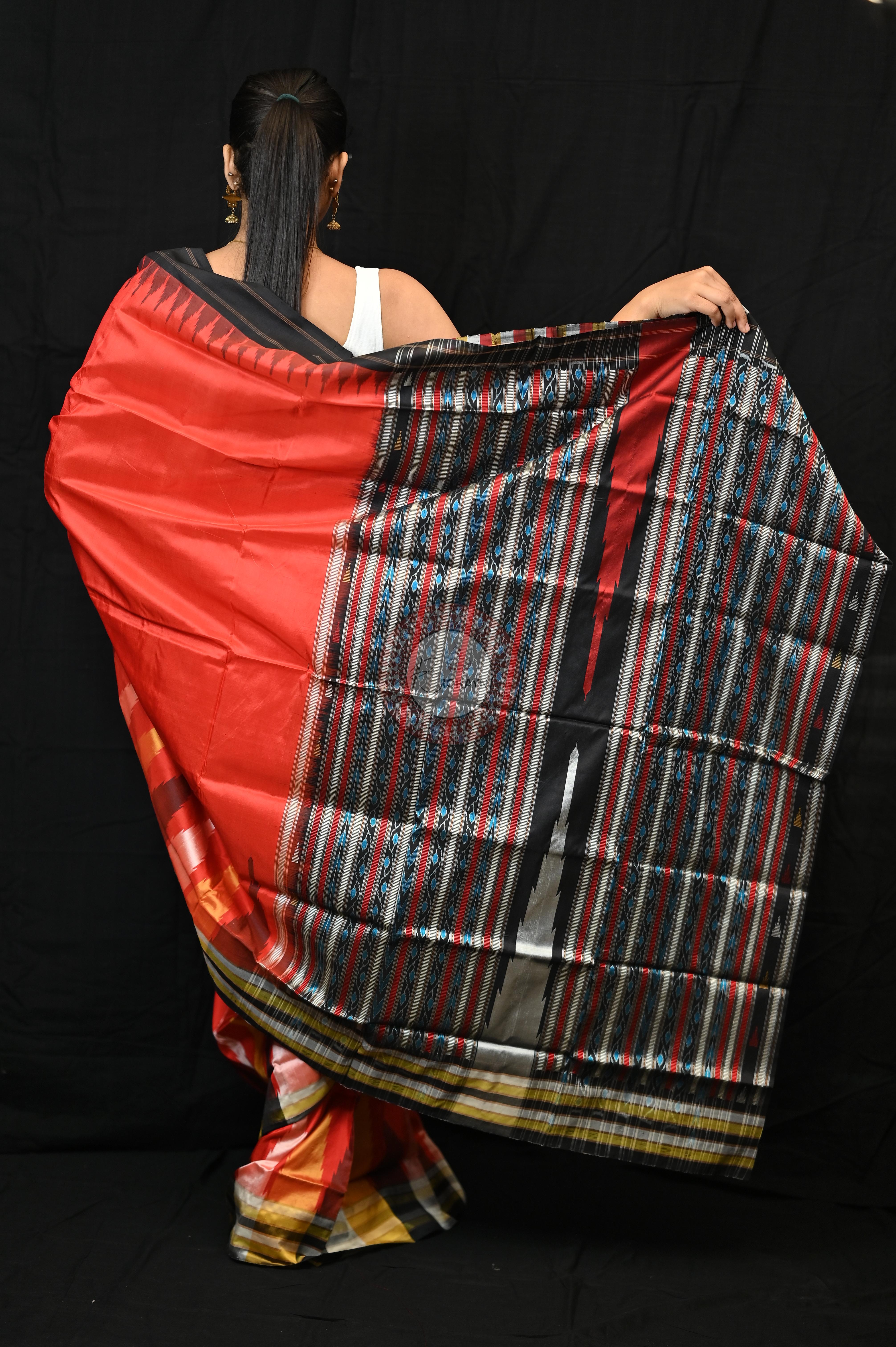 Orange Black Phoda Kumbha Sambalpuri Silk Saree