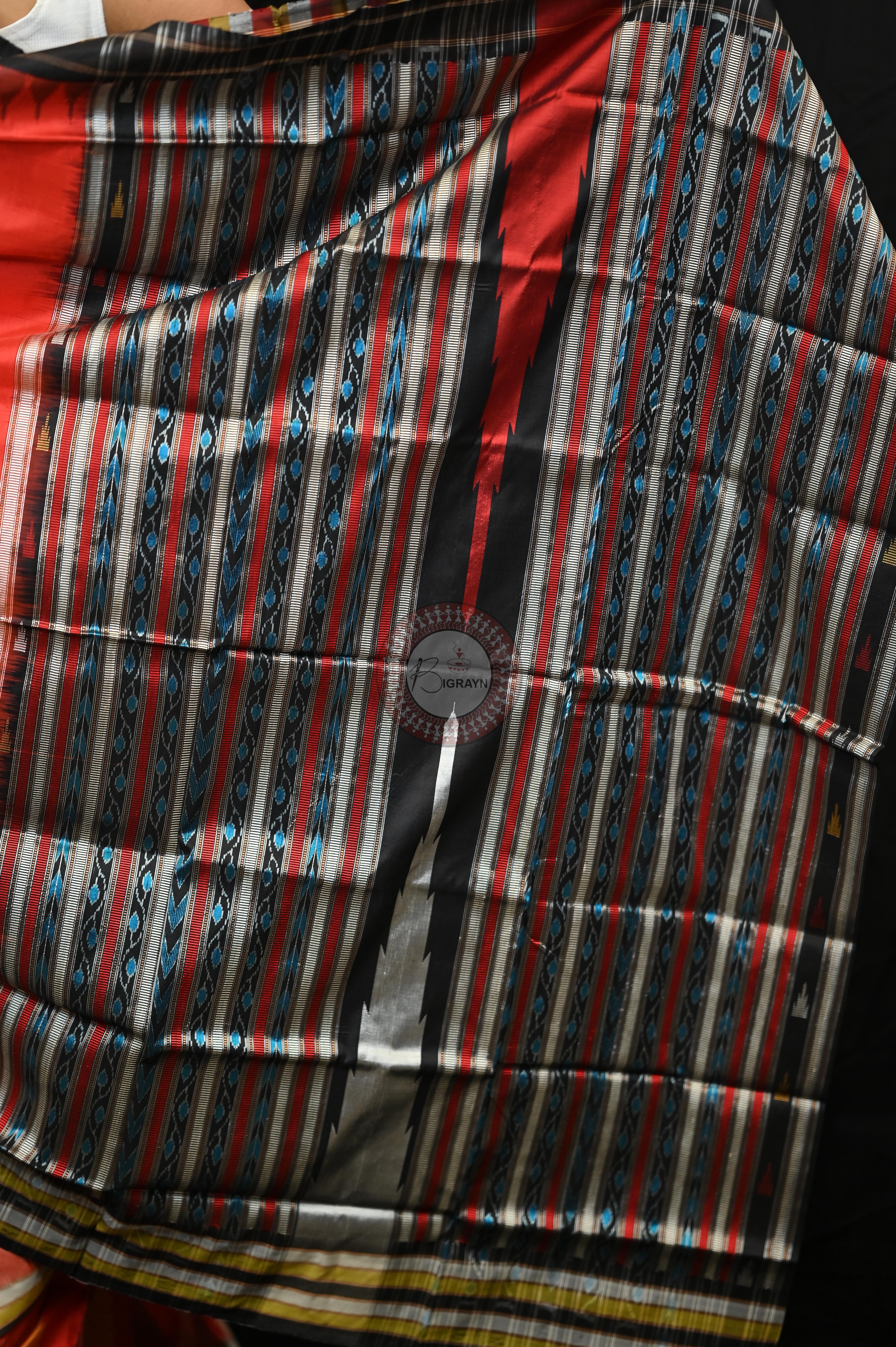Orange Black Phoda Kumbha Sambalpuri Silk Saree