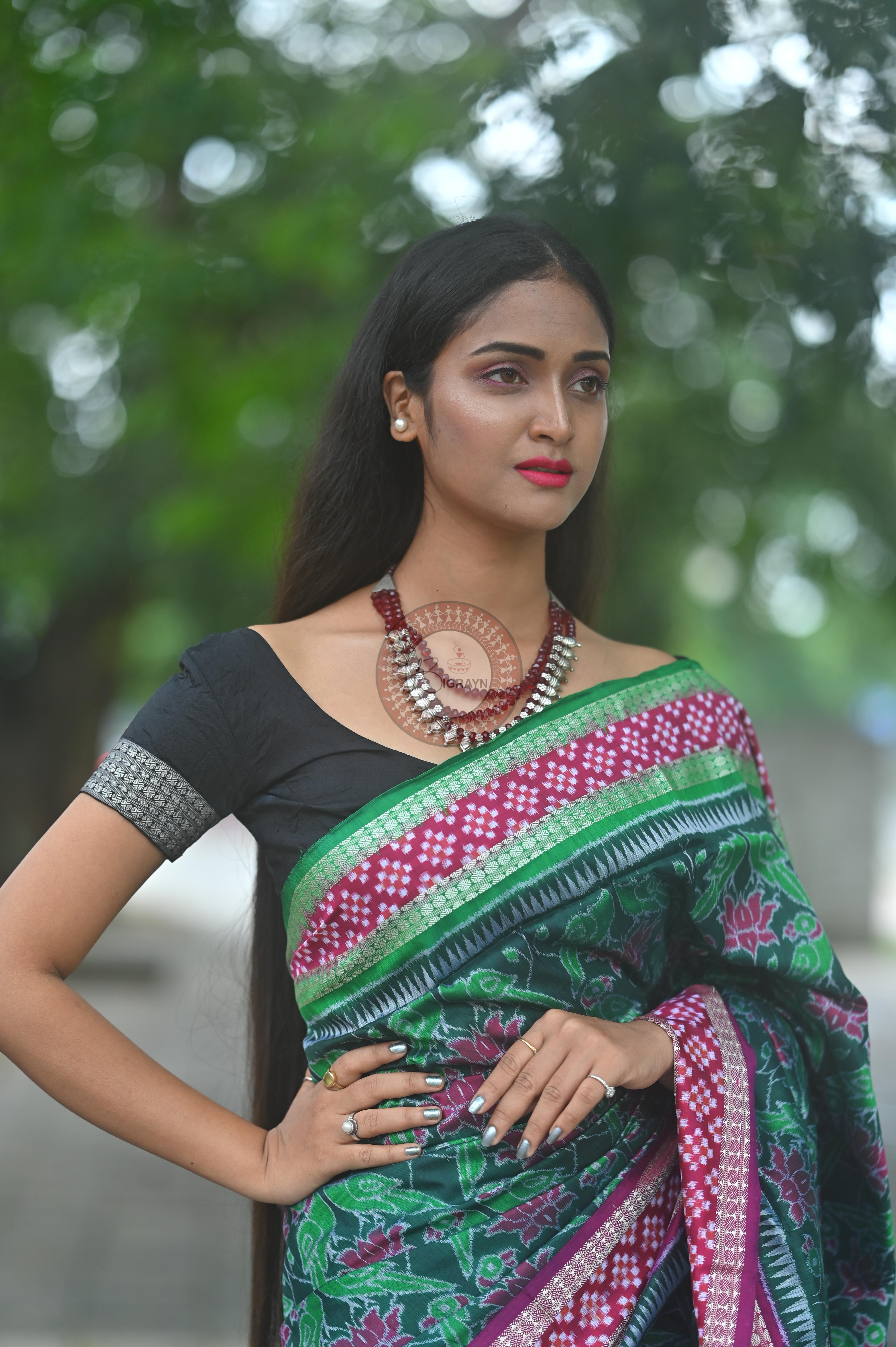 Green Magenta Lotus & Parrot Special Sambalpuri Silk Saree