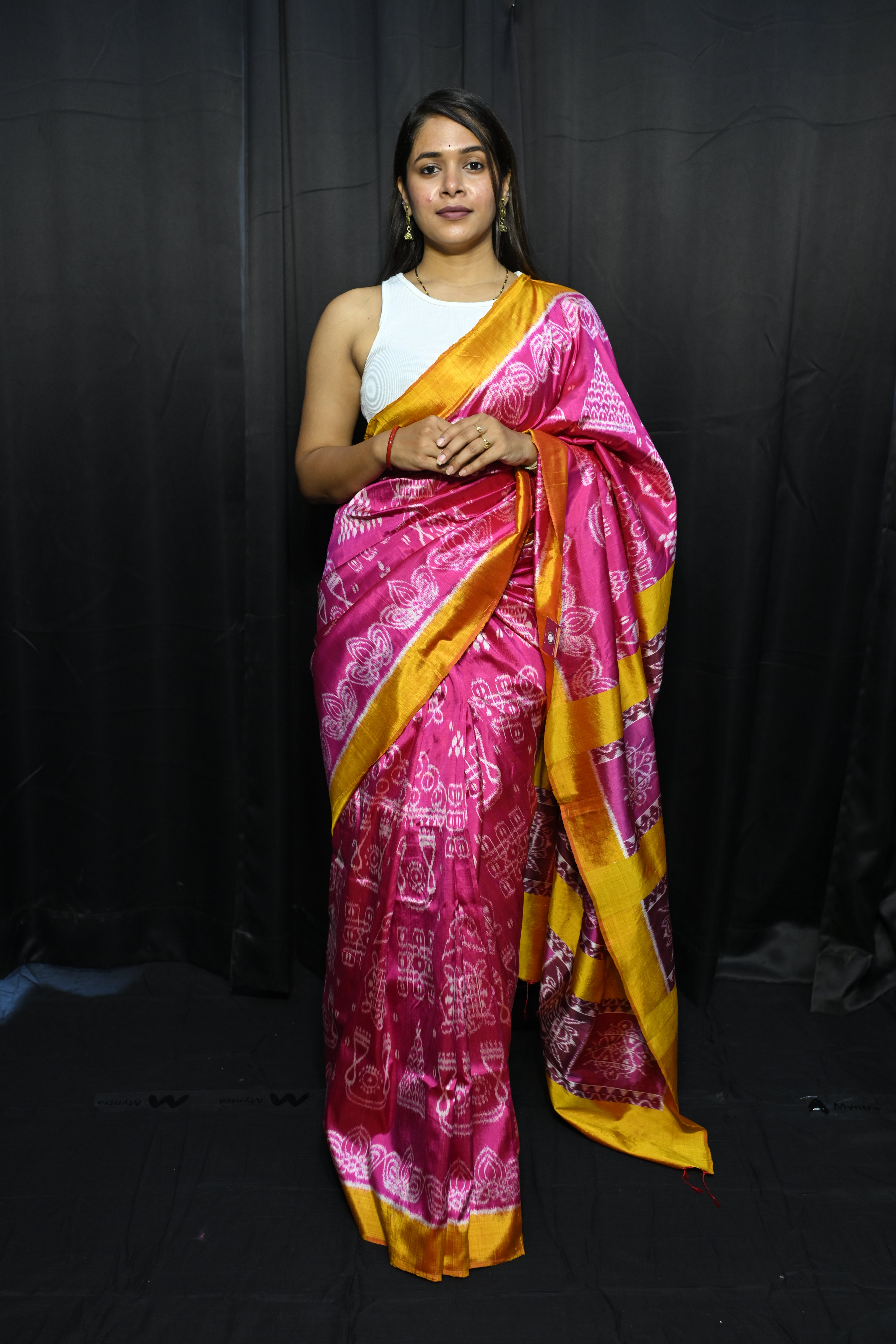 Magenta Yellow Laxmi Pada Chita Design Mulberry Silk Saree