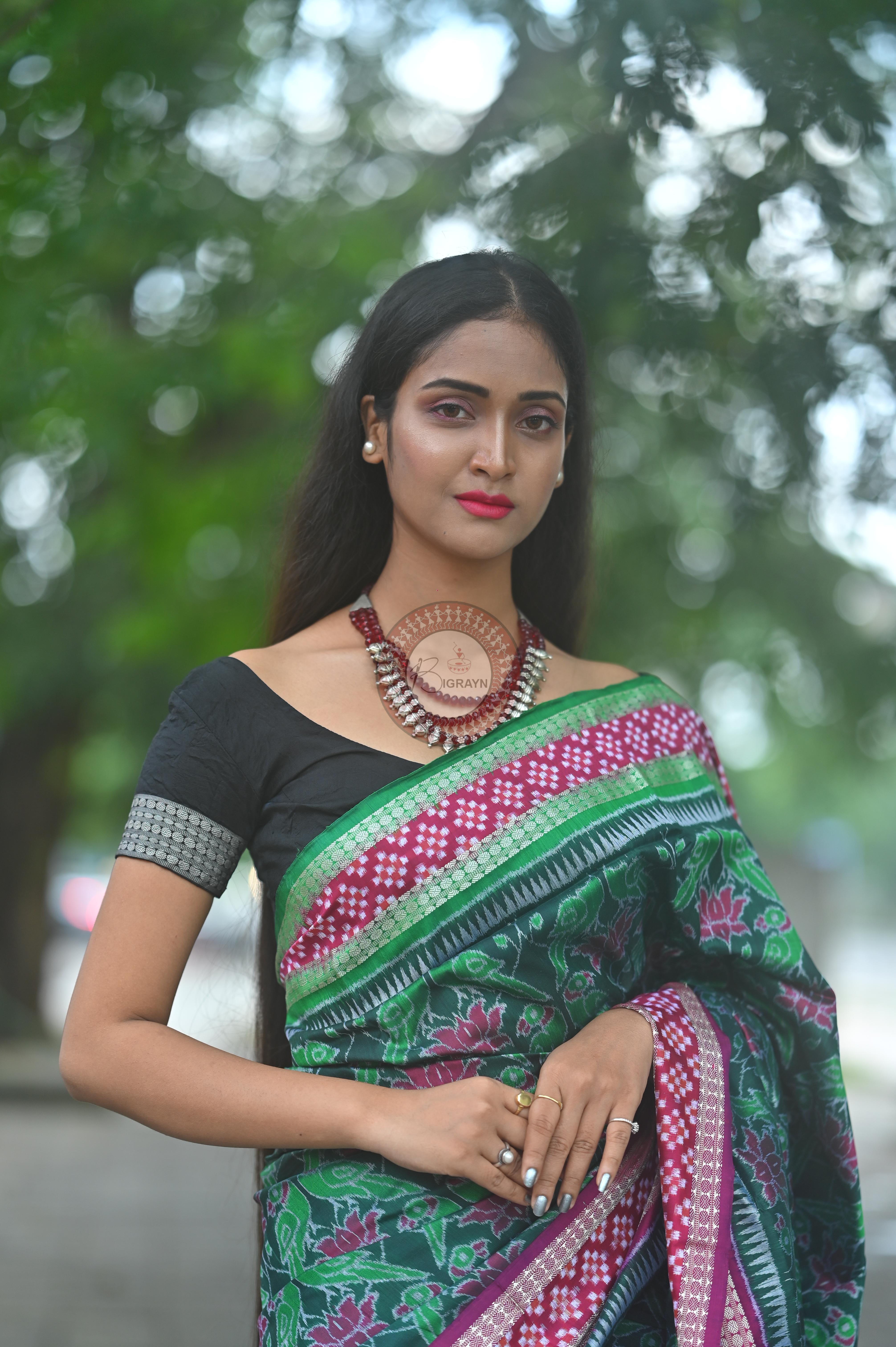 Green Magenta Lotus & Parrot Special Sambalpuri Silk Saree