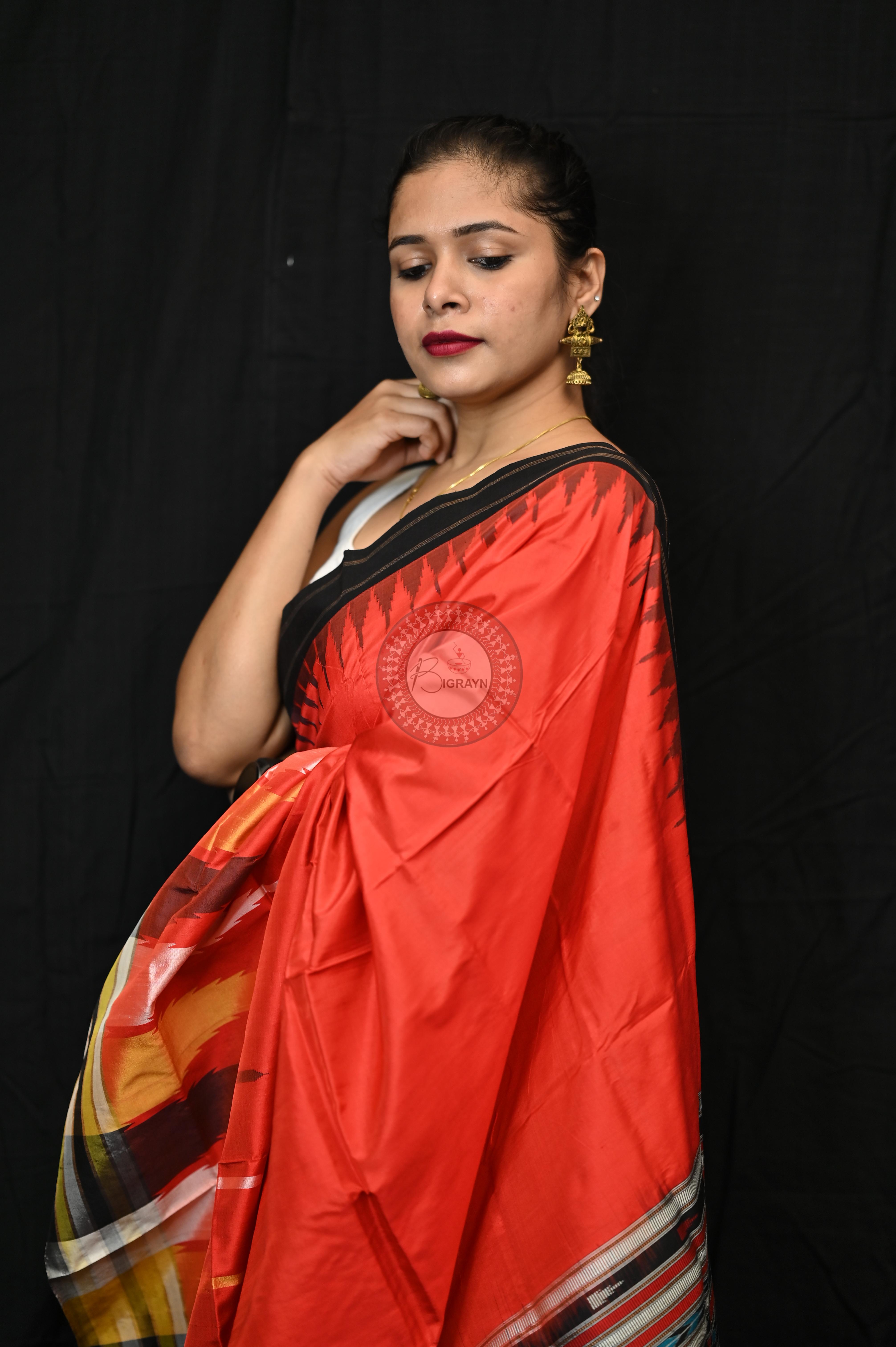 Orange Black Phoda Kumbha Sambalpuri Silk Saree