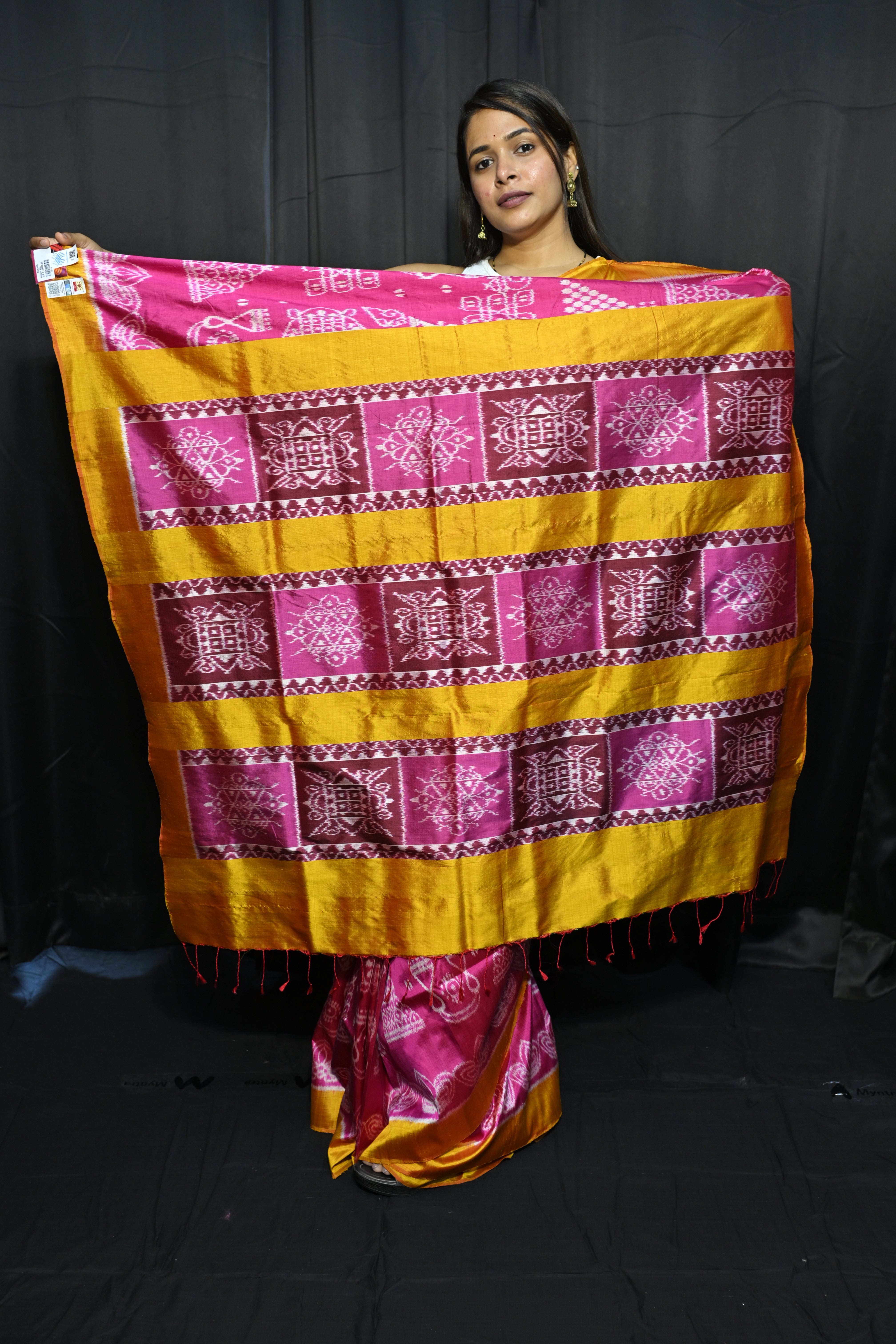 Magenta Yellow Laxmi Pada Chita Design Mulberry Silk Saree