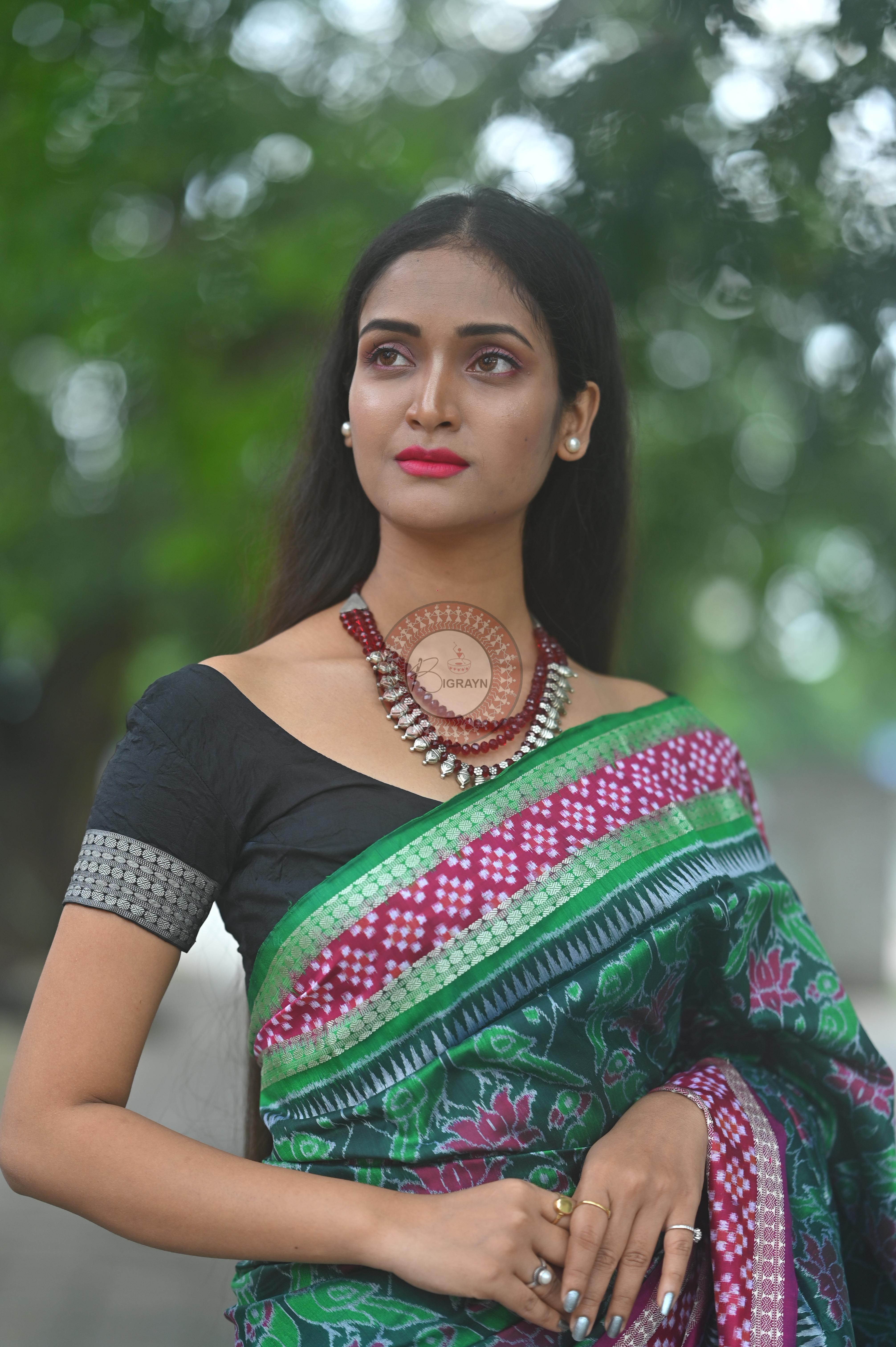 Green Magenta Lotus & Parrot Special Sambalpuri Silk Saree