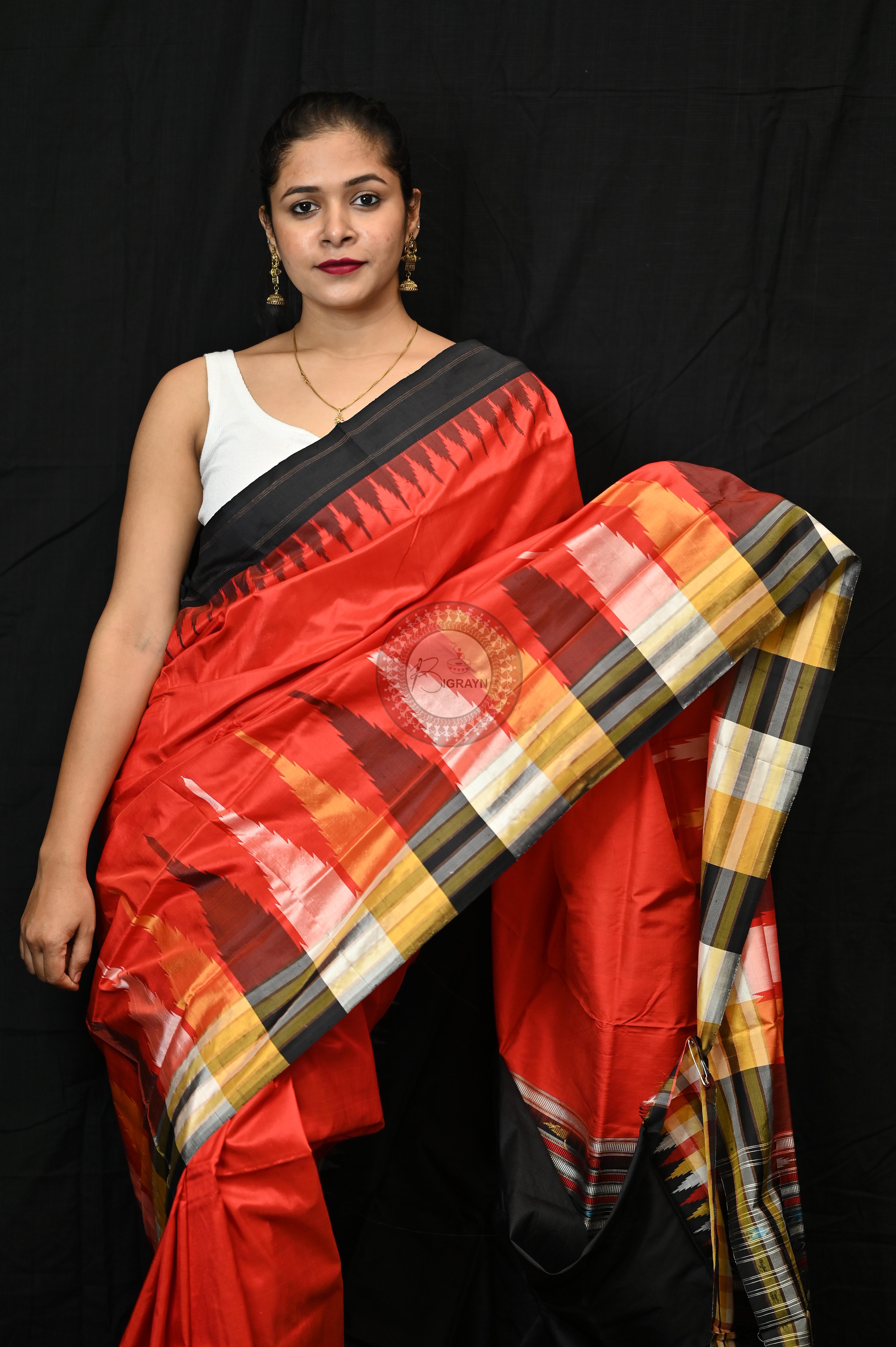 Orange Black Phoda Kumbha Sambalpuri Silk Saree