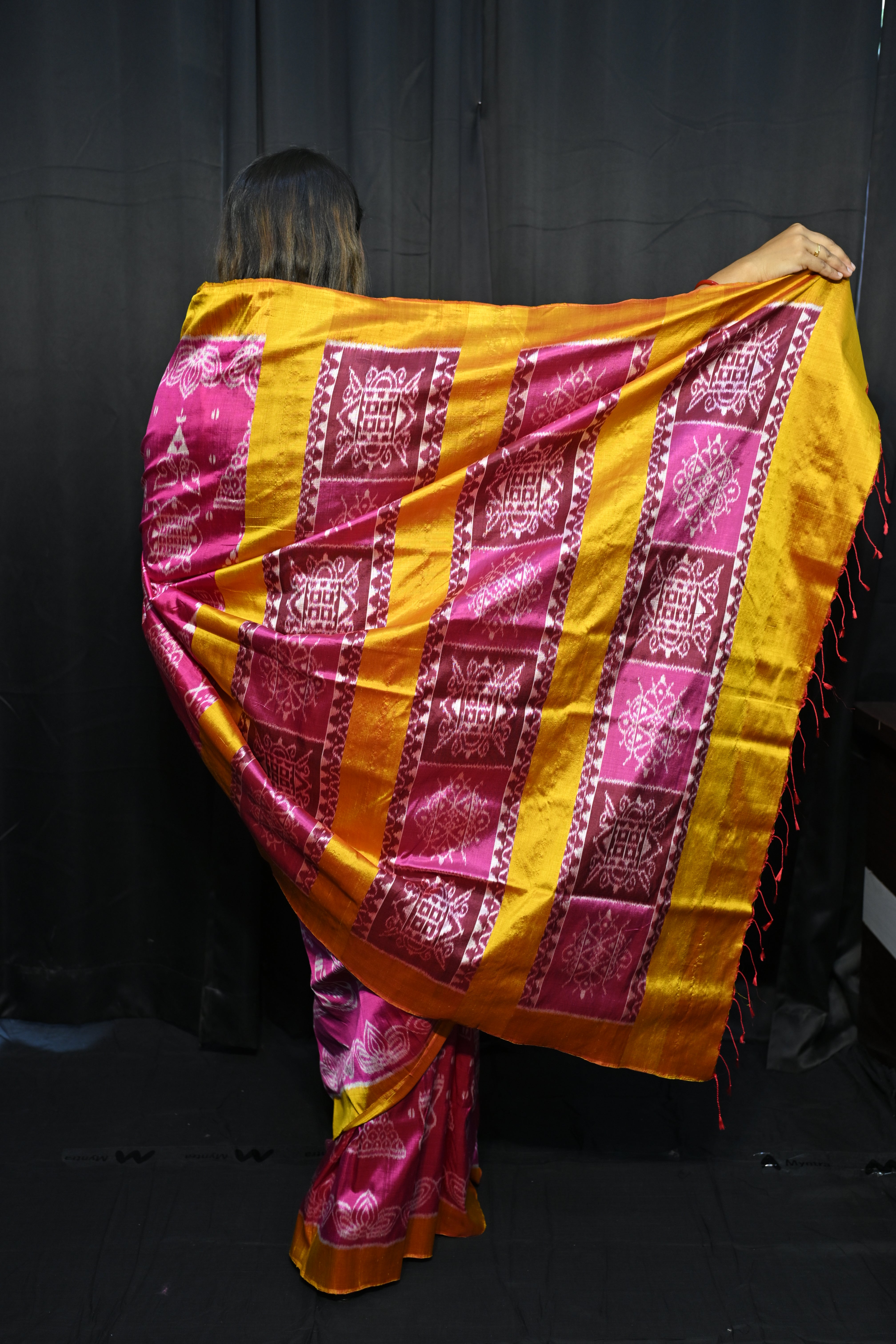 Magenta Yellow Laxmi Pada Chita Design Mulberry Silk Saree