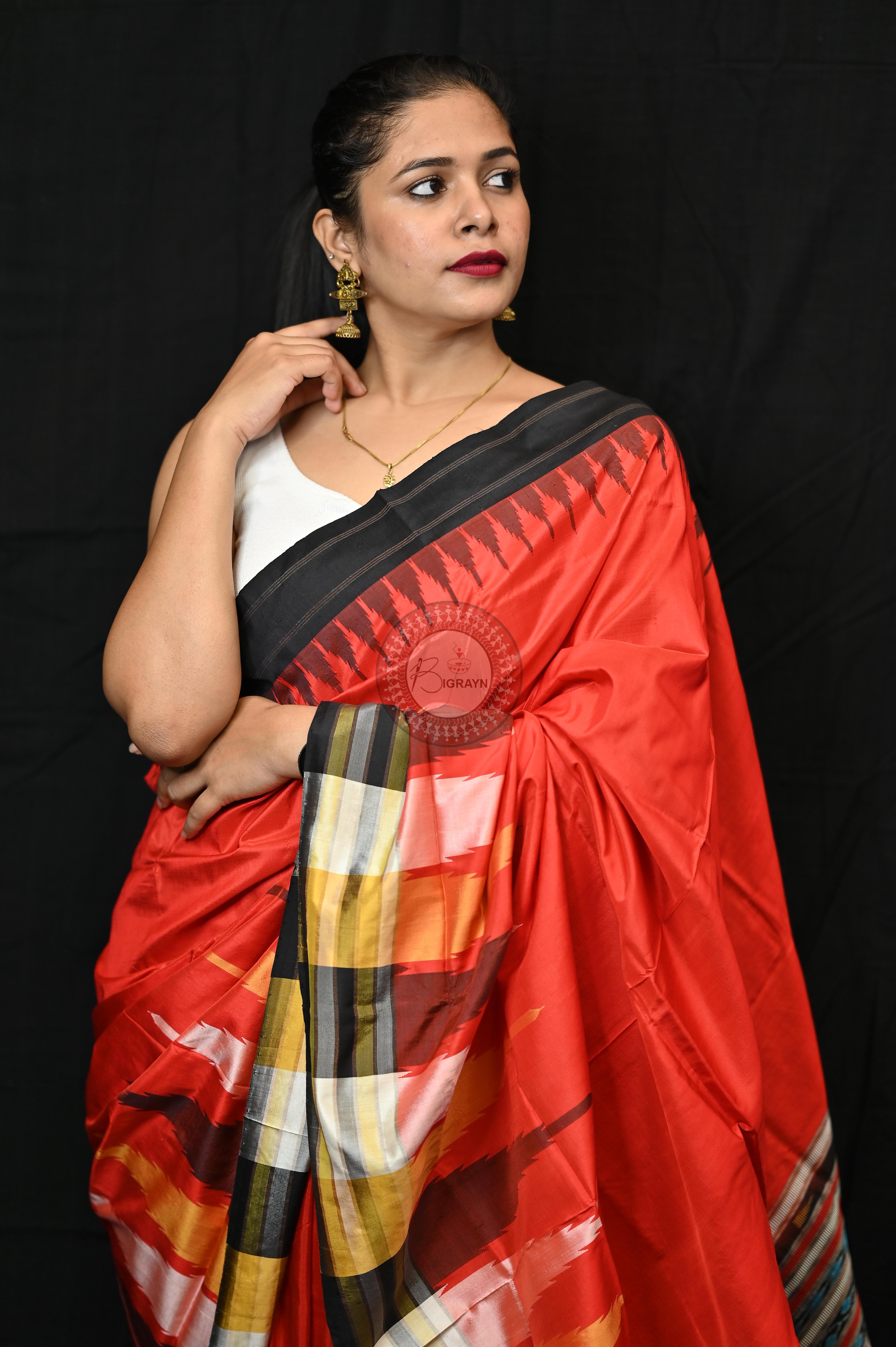 Orange Black Phoda Kumbha Sambalpuri Silk Saree