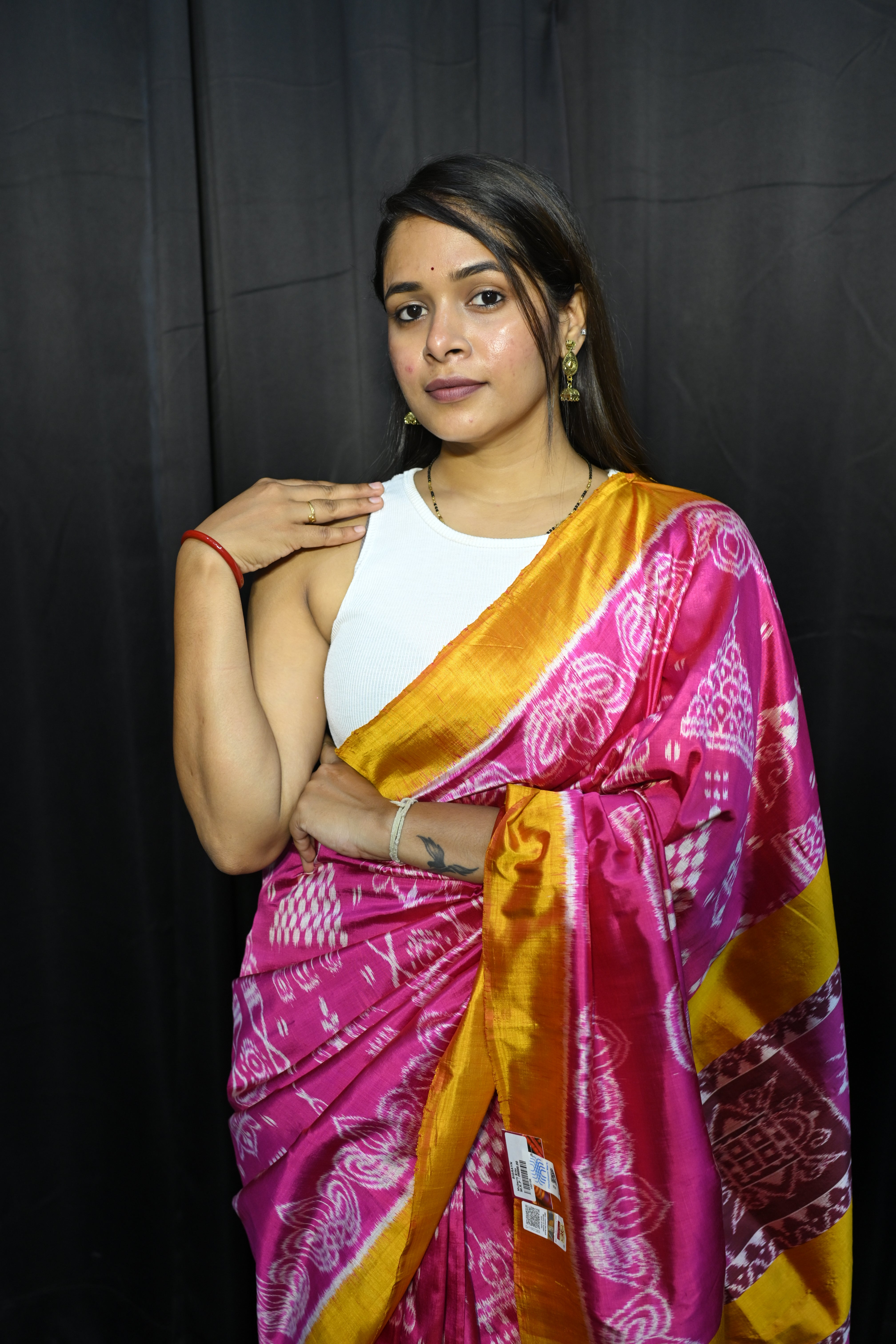 Magenta Yellow Laxmi Pada Chita Design Mulberry Silk Saree