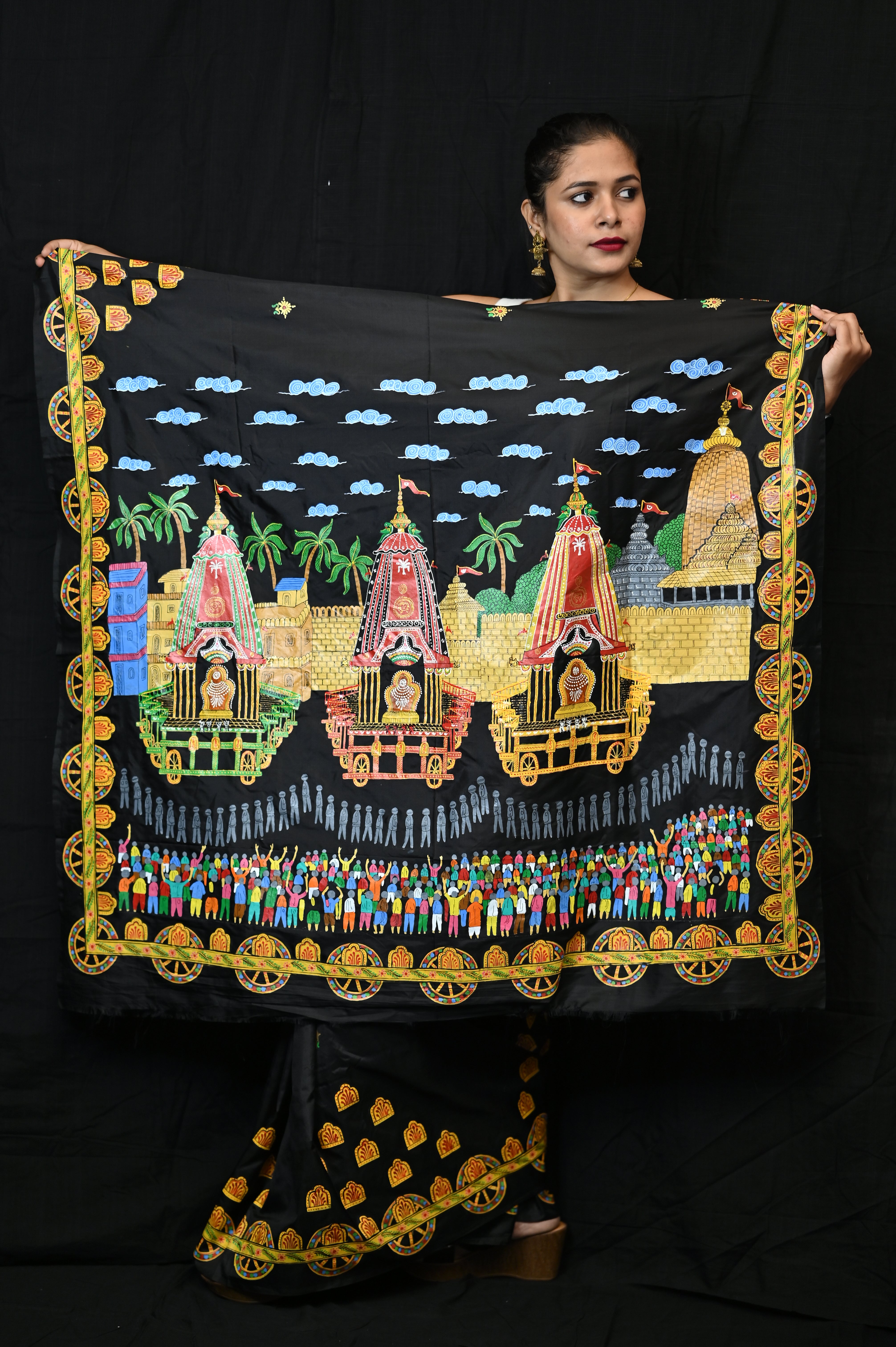 Black Ratha Yatra Theme Pattachitra Khadi Silk Saree