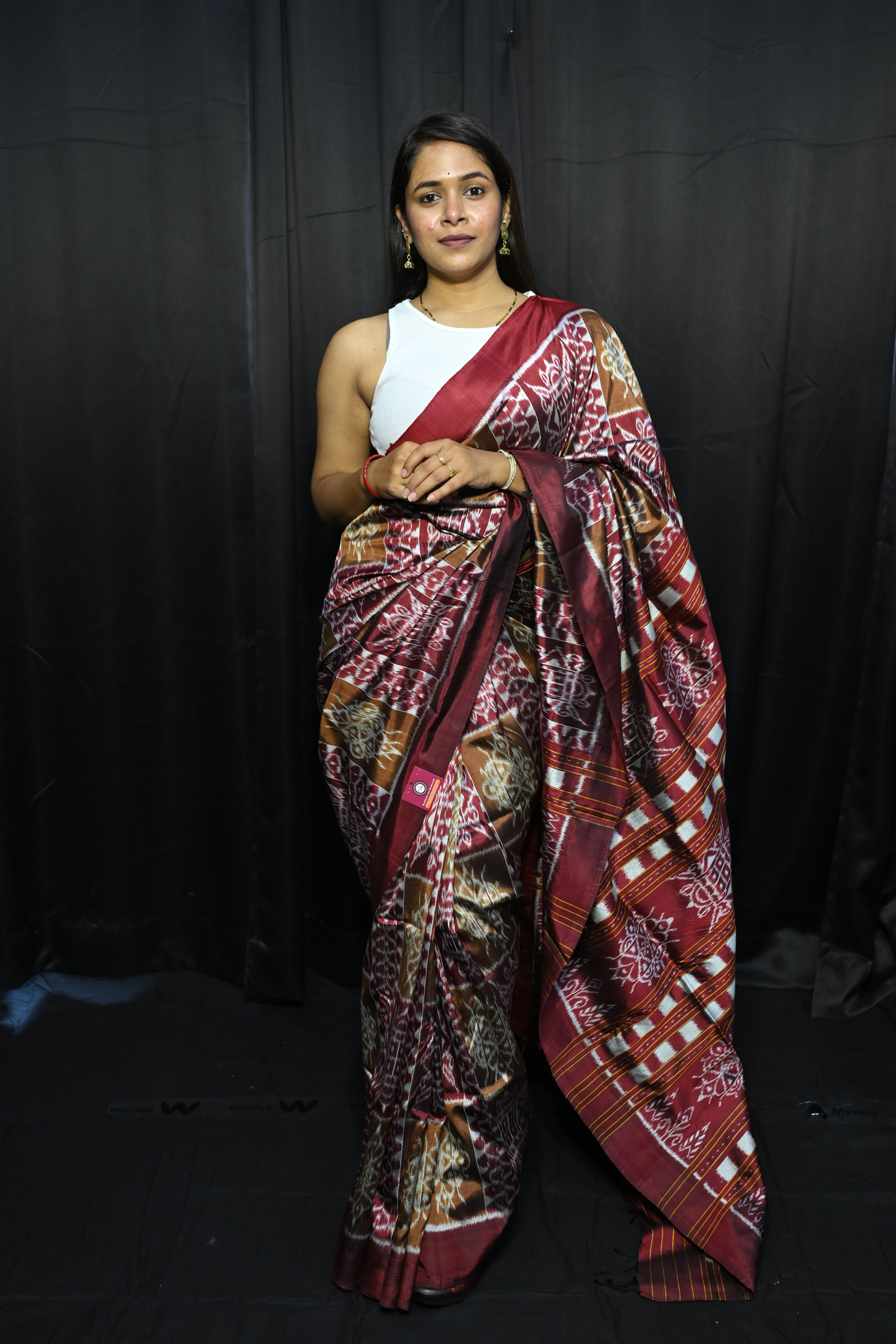Brown Maroon Laxmi Yantra Design Mulberry Silk Saree