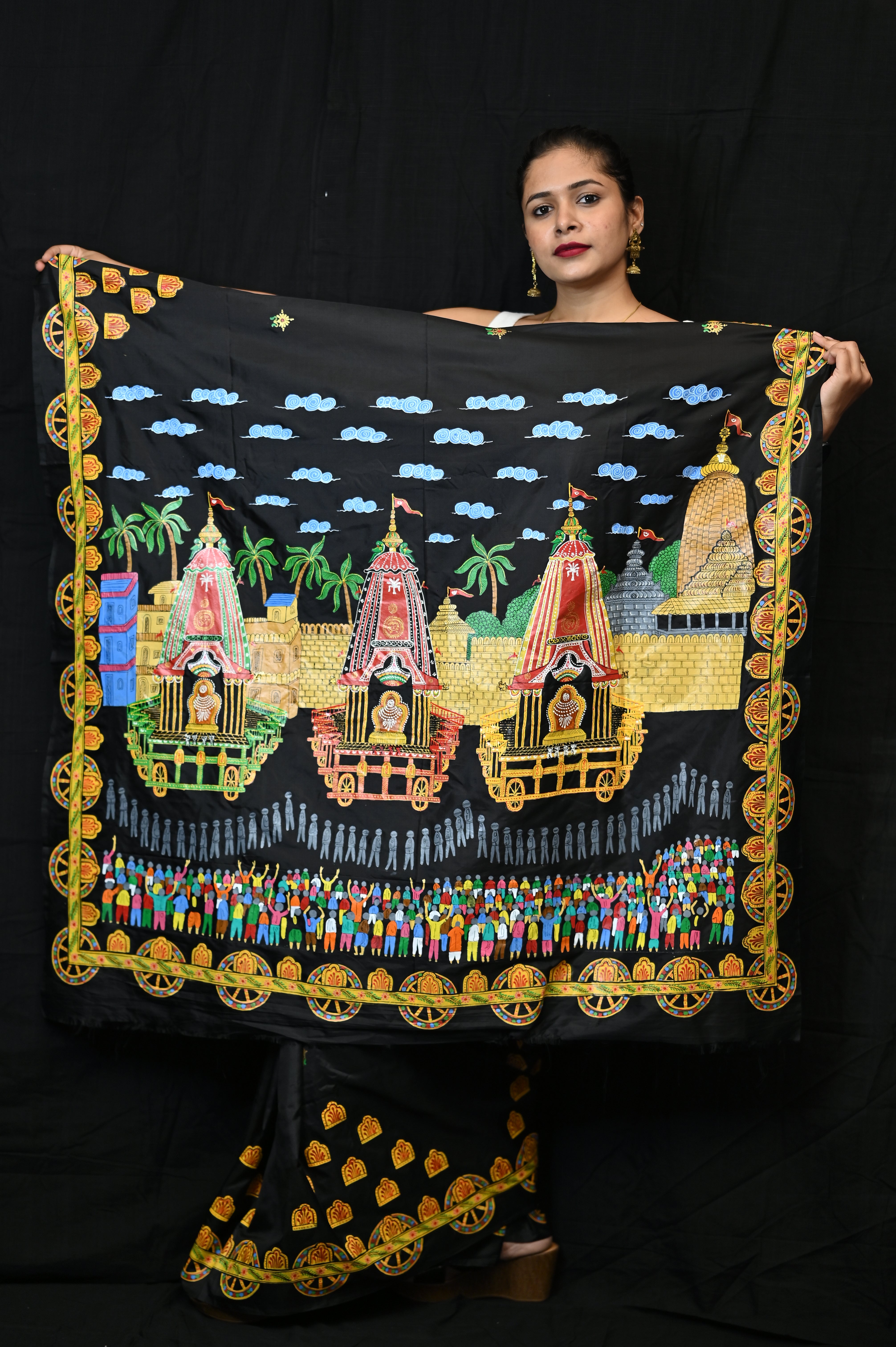 Black Ratha Yatra Theme Pattachitra Khadi Silk Saree