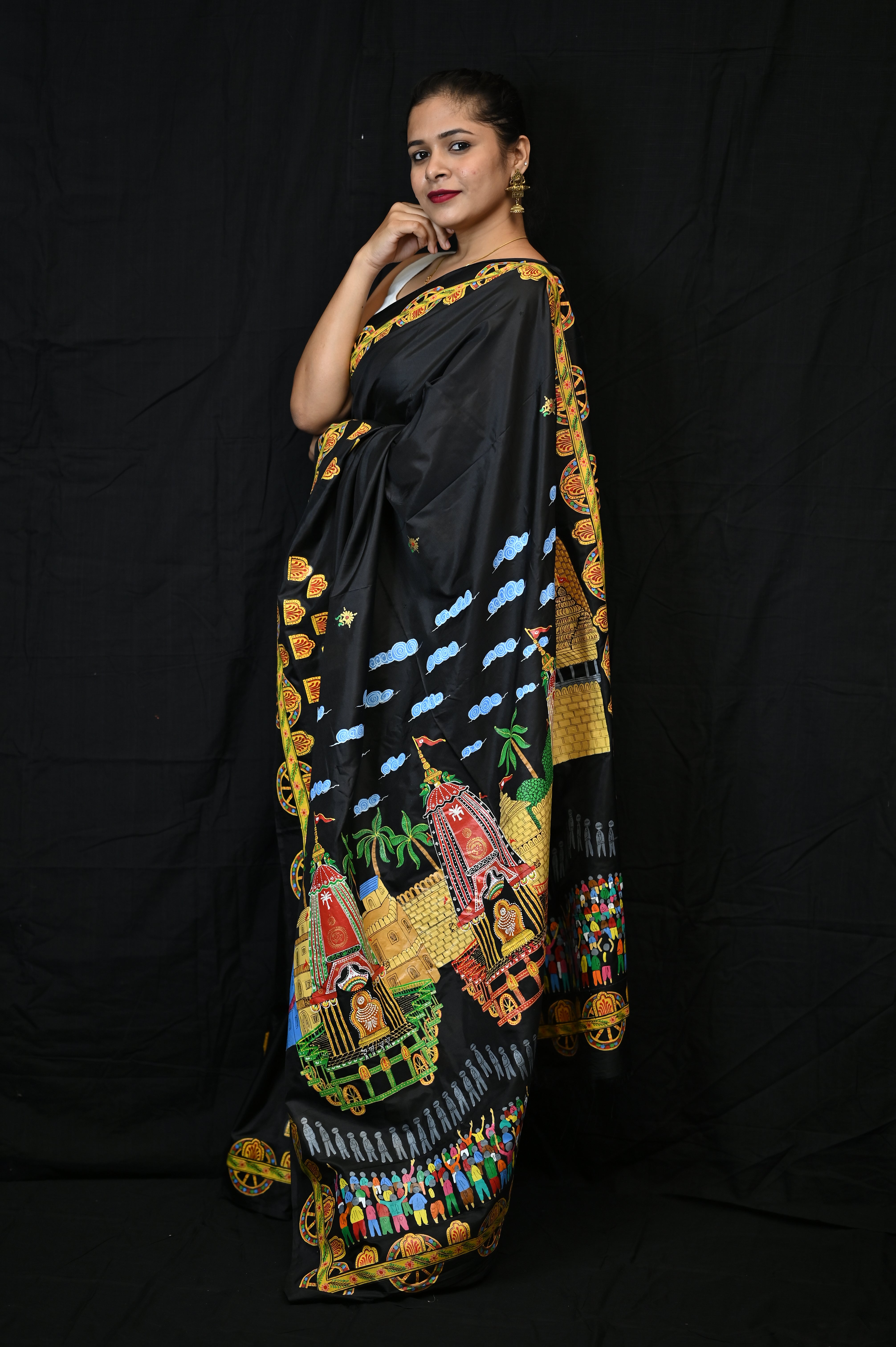 Black Ratha Yatra Theme Pattachitra Khadi Silk Saree