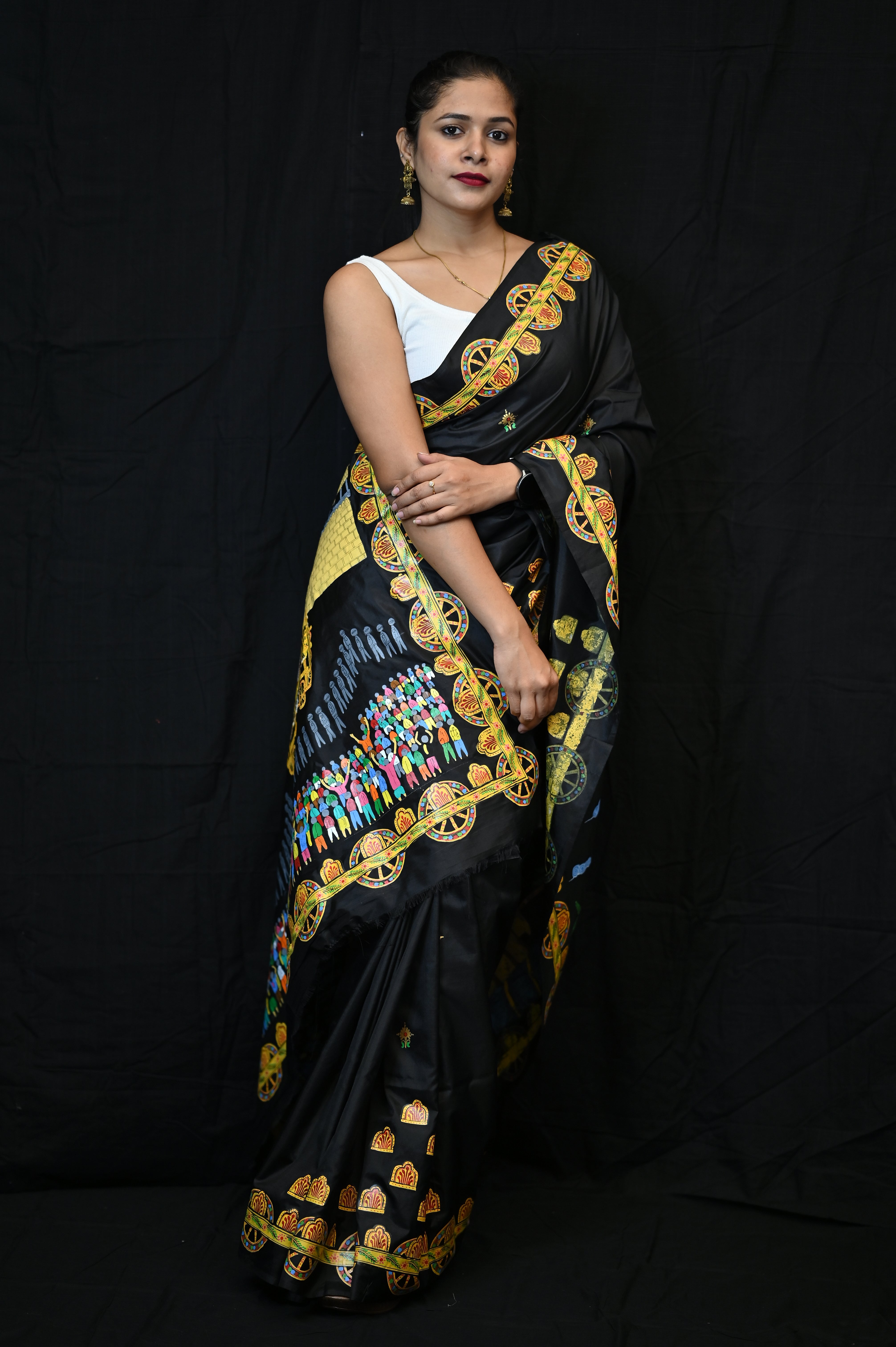 Black Ratha Yatra Theme Pattachitra Khadi Silk Saree