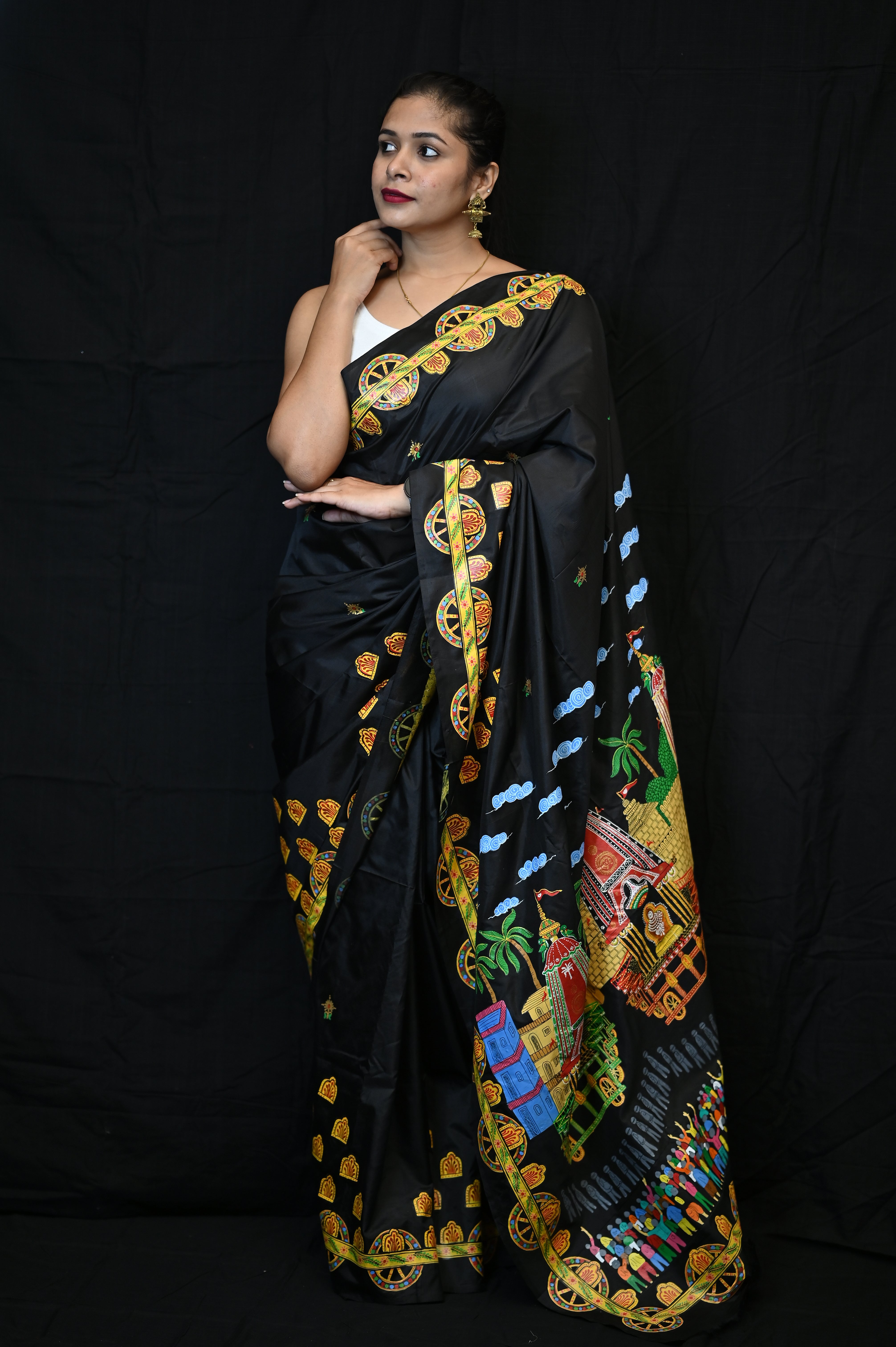 Black Ratha Yatra Theme Pattachitra Khadi Silk Saree