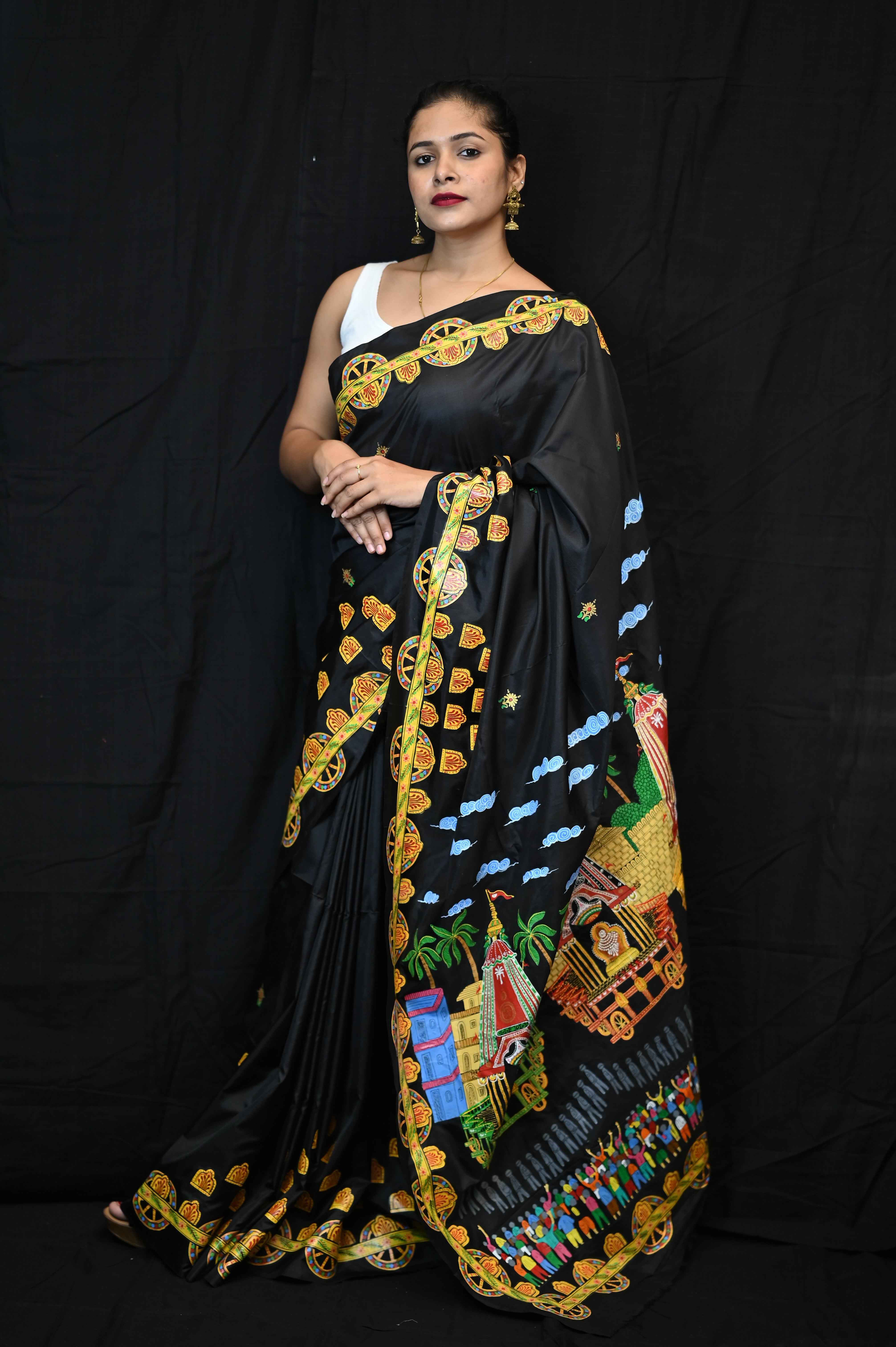 Black Ratha Yatra Theme Pattachitra Khadi Silk Saree