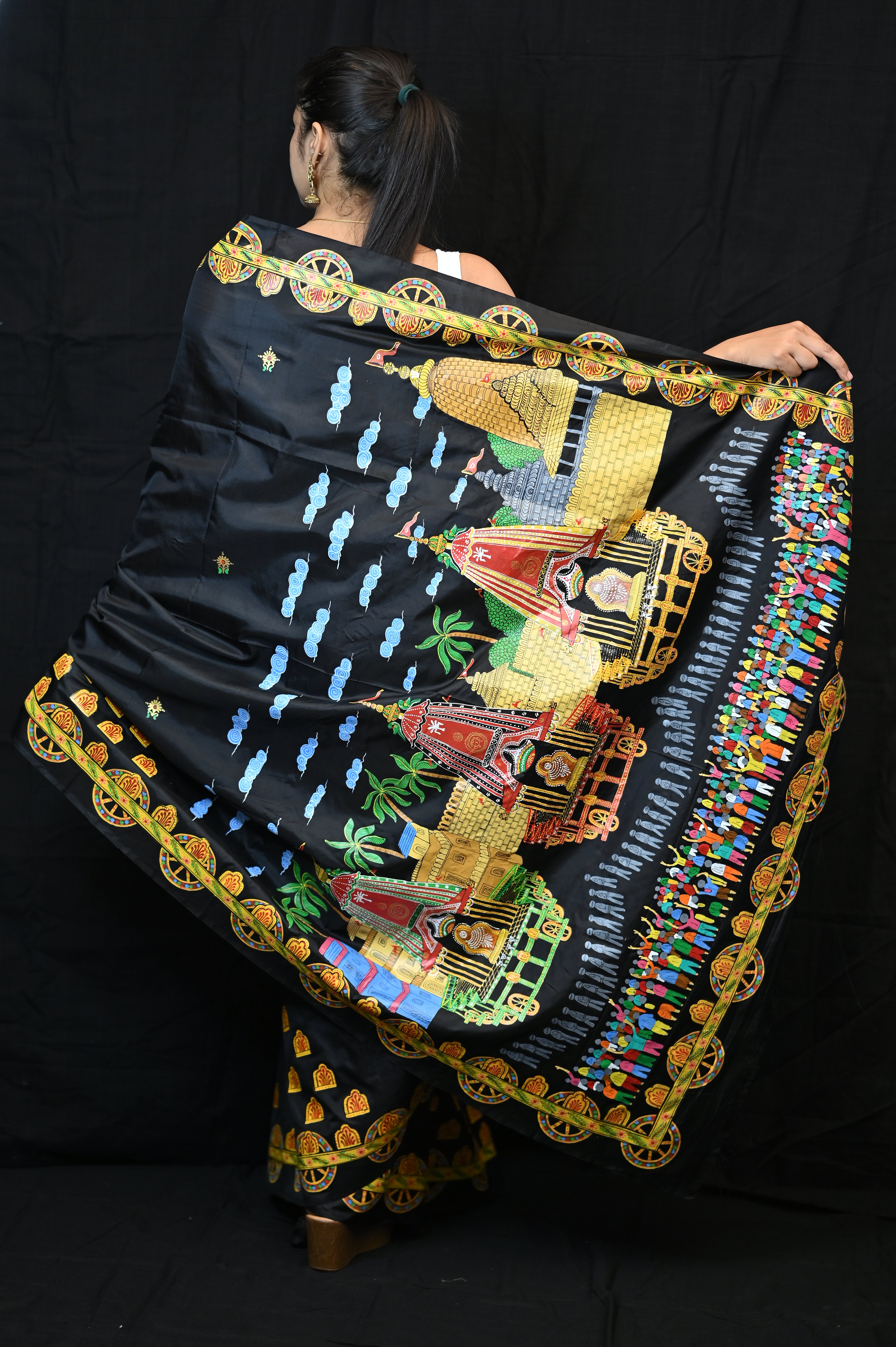 Black Ratha Yatra Theme Pattachitra Khadi Silk Saree