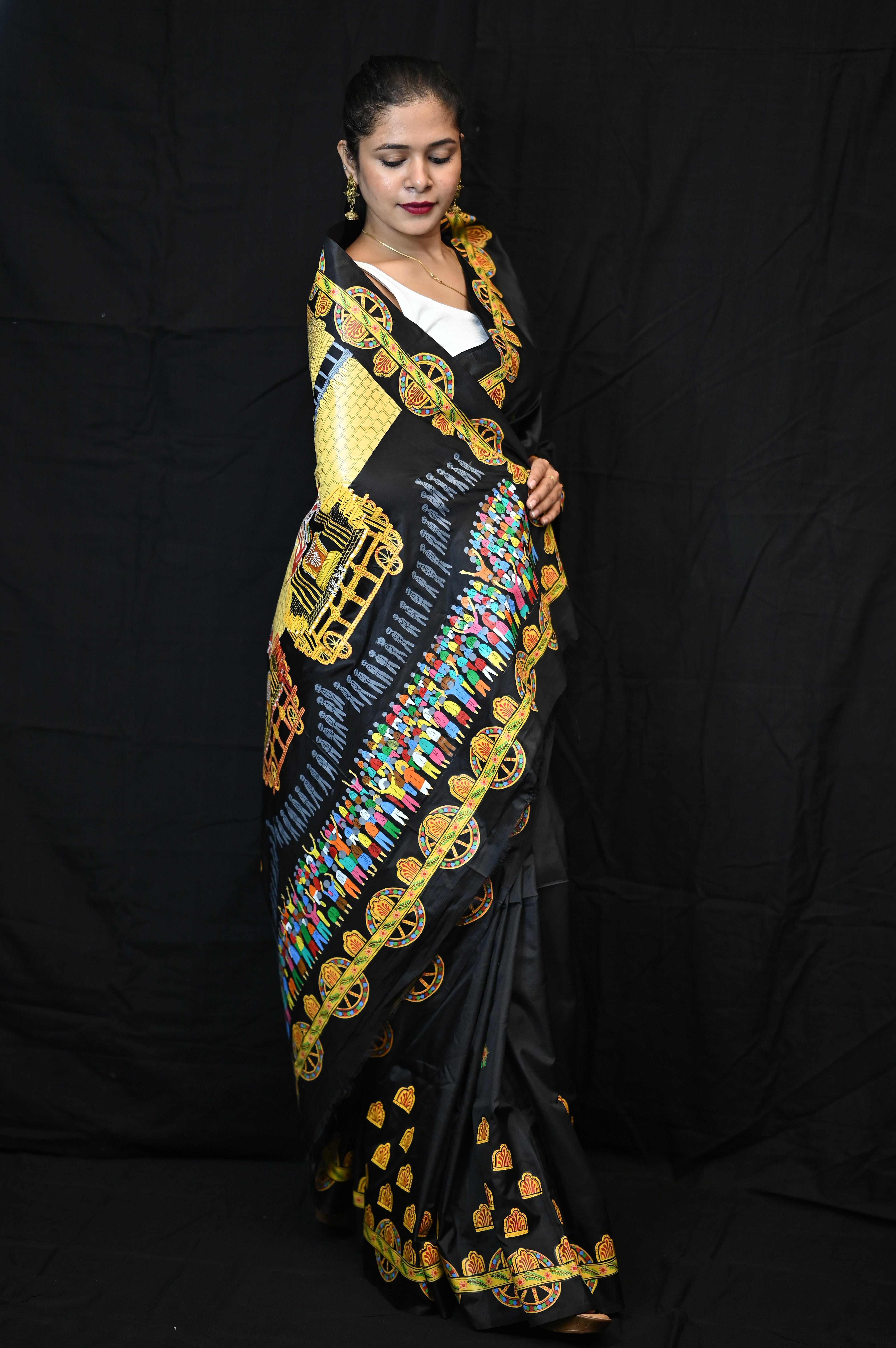 Black Ratha Yatra Theme Pattachitra Khadi Silk Saree