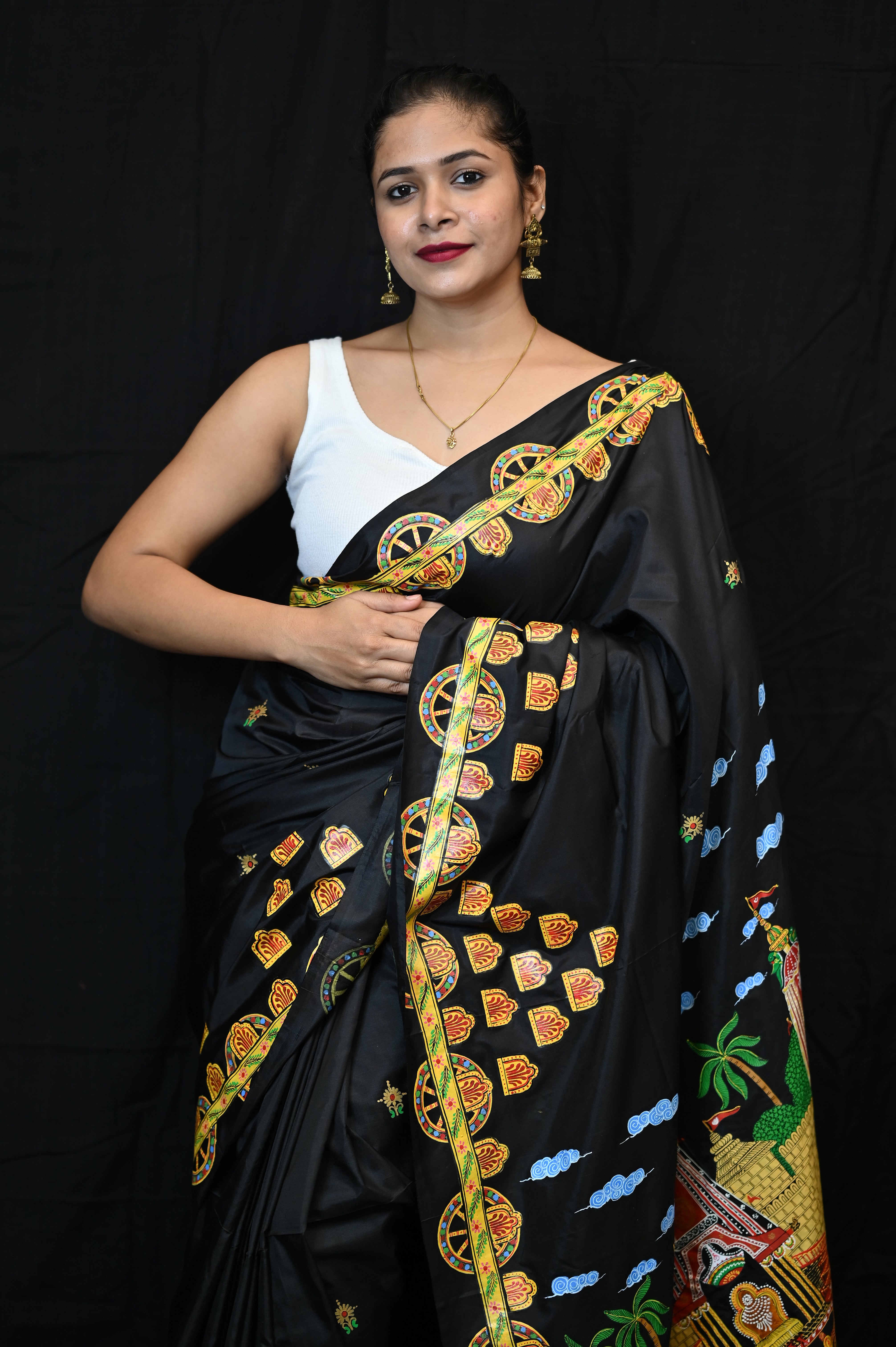 Black Ratha Yatra Theme Pattachitra Khadi Silk Saree