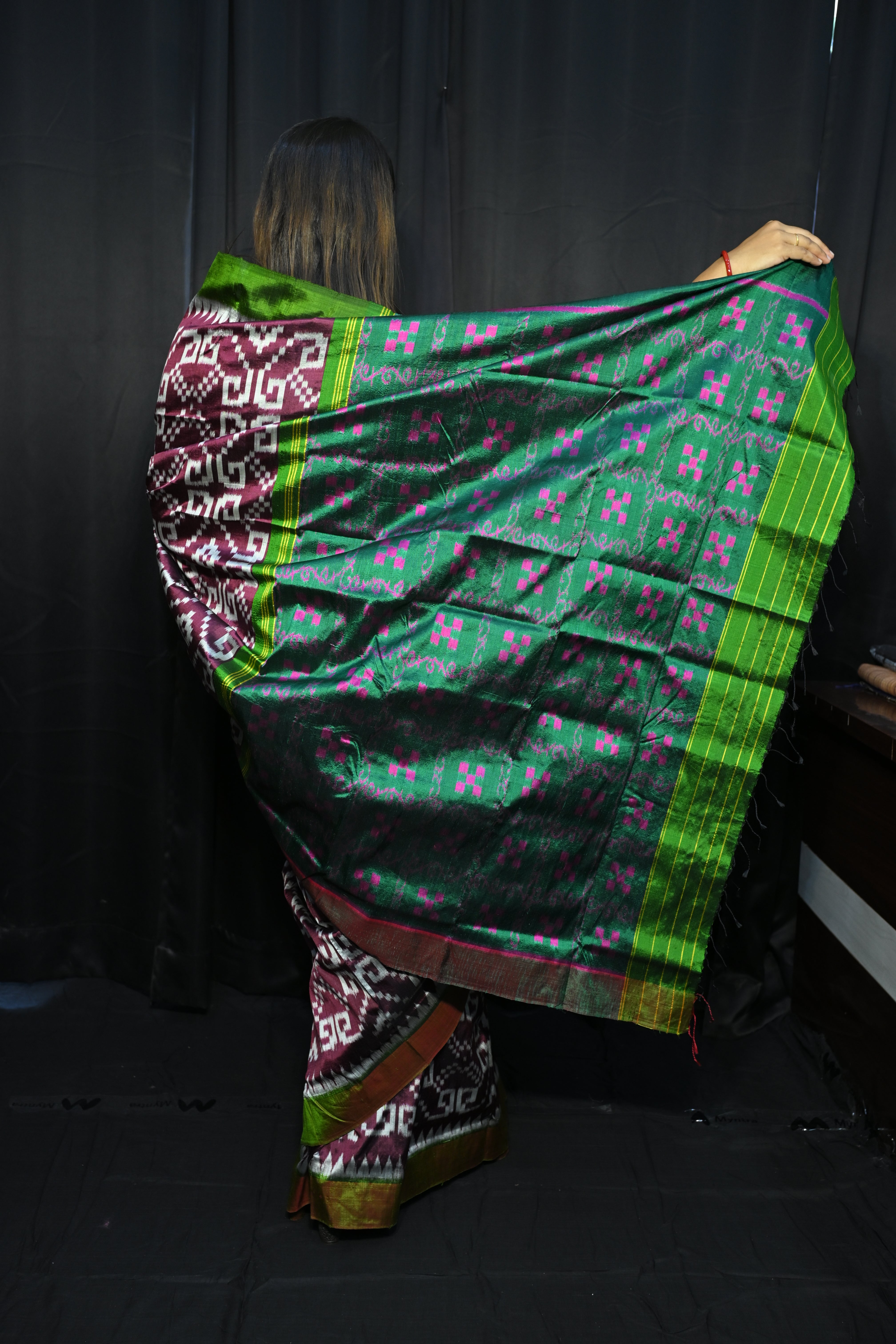 Purple Green Telia Rumal Design Mulberry Silk Saree