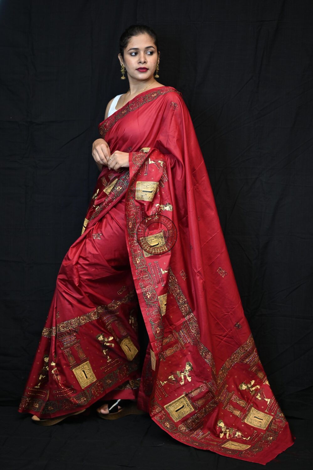 Maroon Golden Dancers Pattachitra Pure Silk Saree