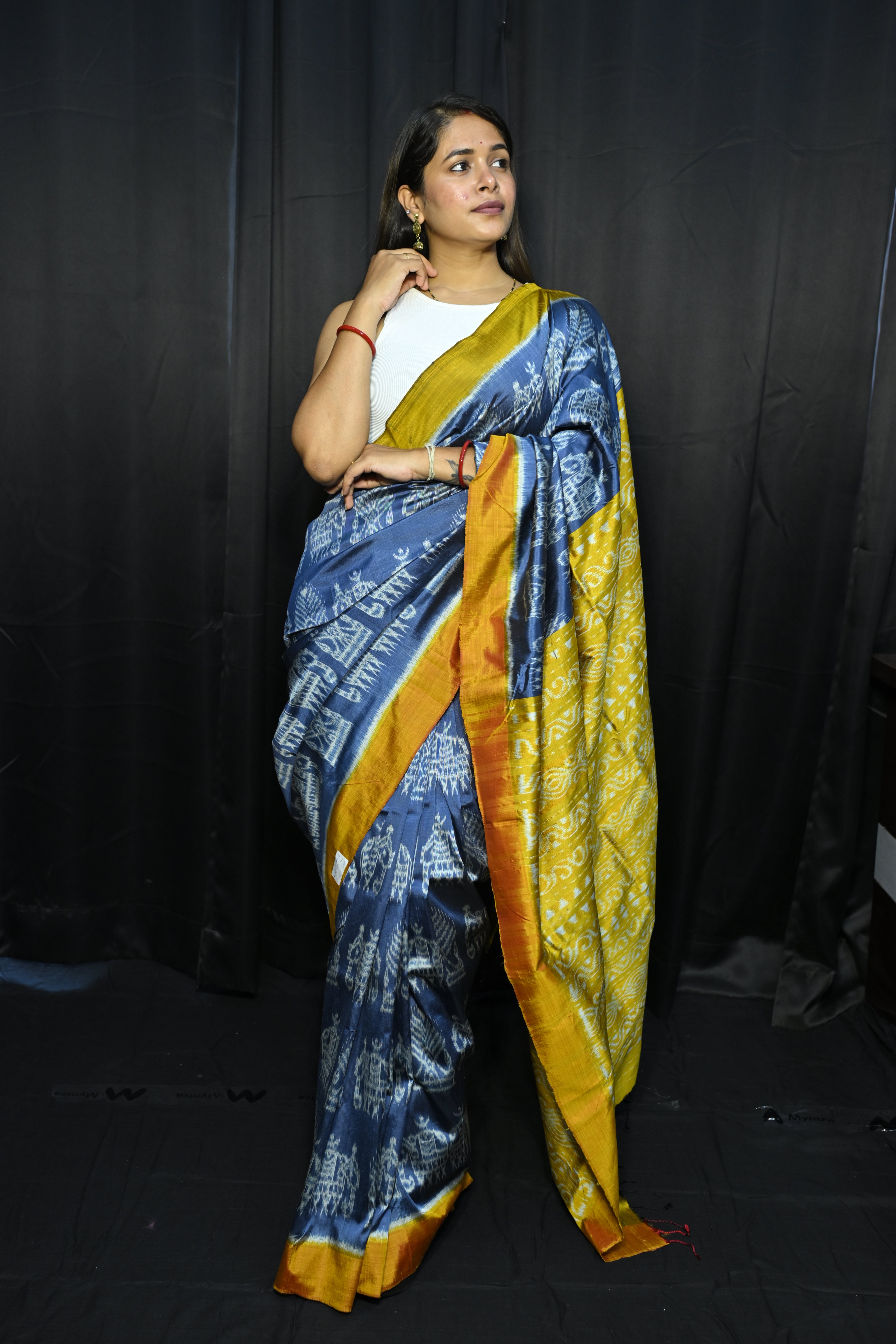 Teal Blue Yellow Elephant Design Mulberry Silk Saree
