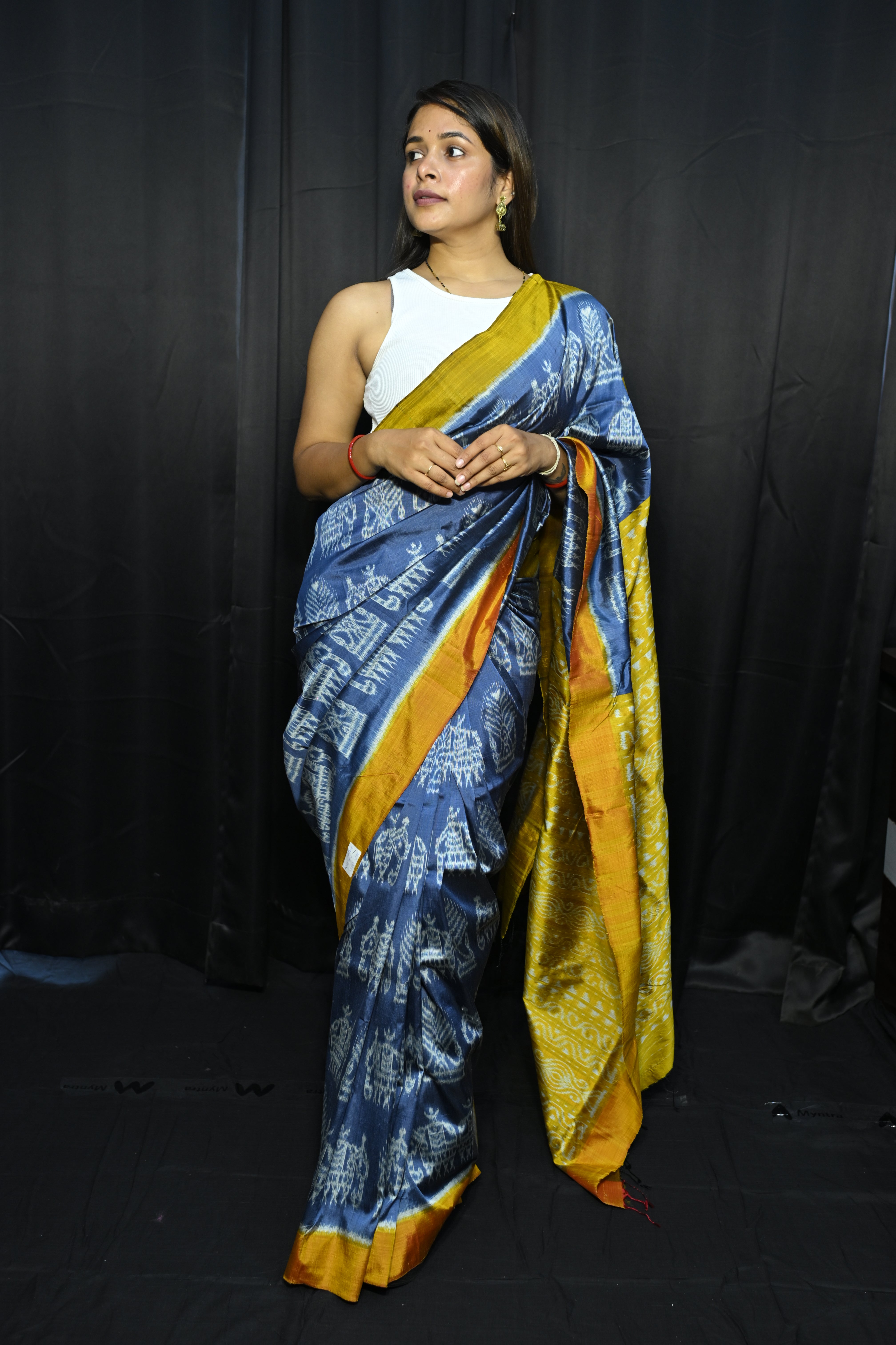 Teal Blue Yellow Elephant Design Mulberry Silk Saree
