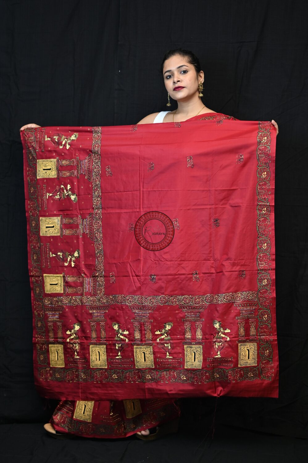 Maroon Golden Dancers Pattachitra Pure Silk Saree