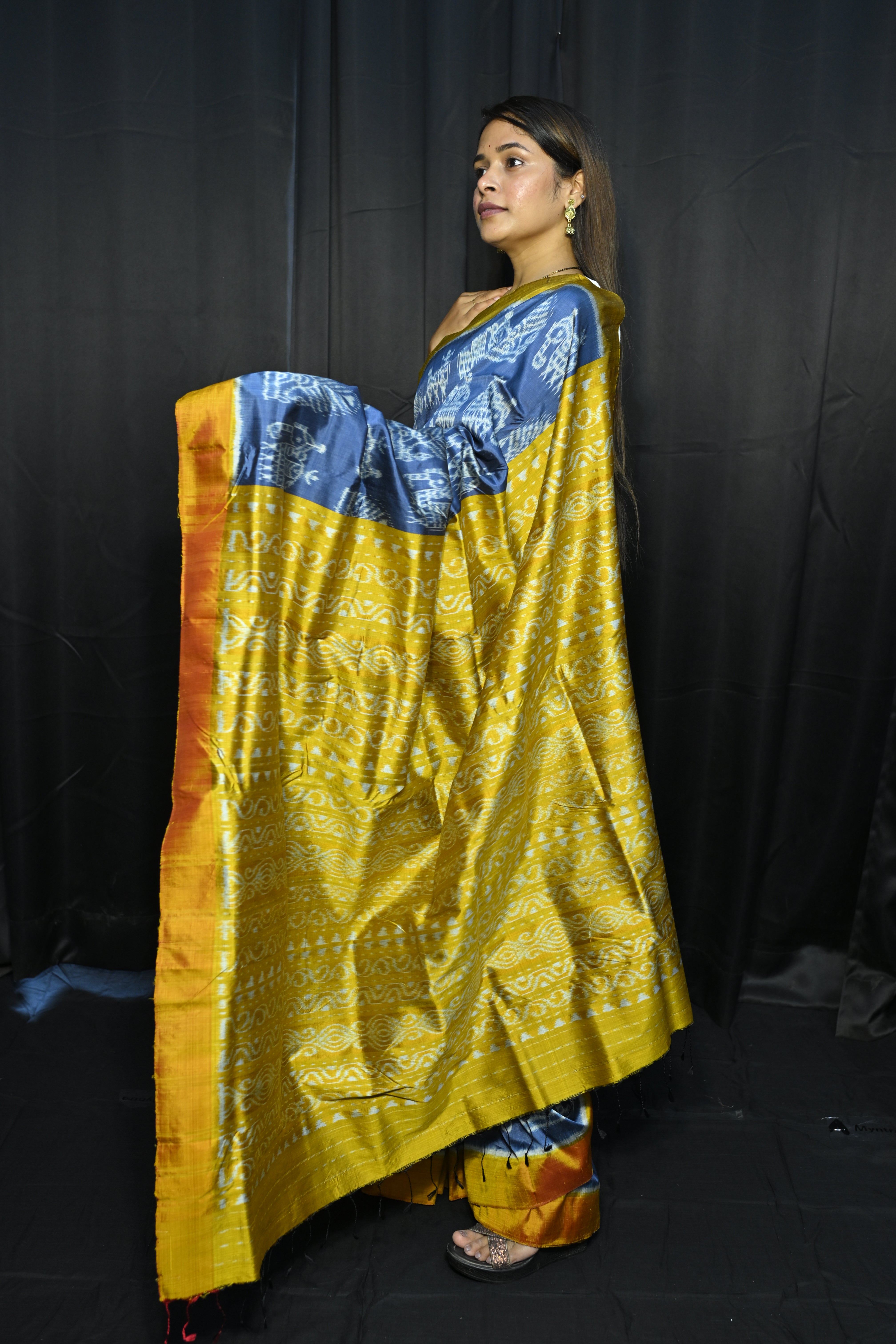 Teal Blue Yellow Elephant Design Mulberry Silk Saree