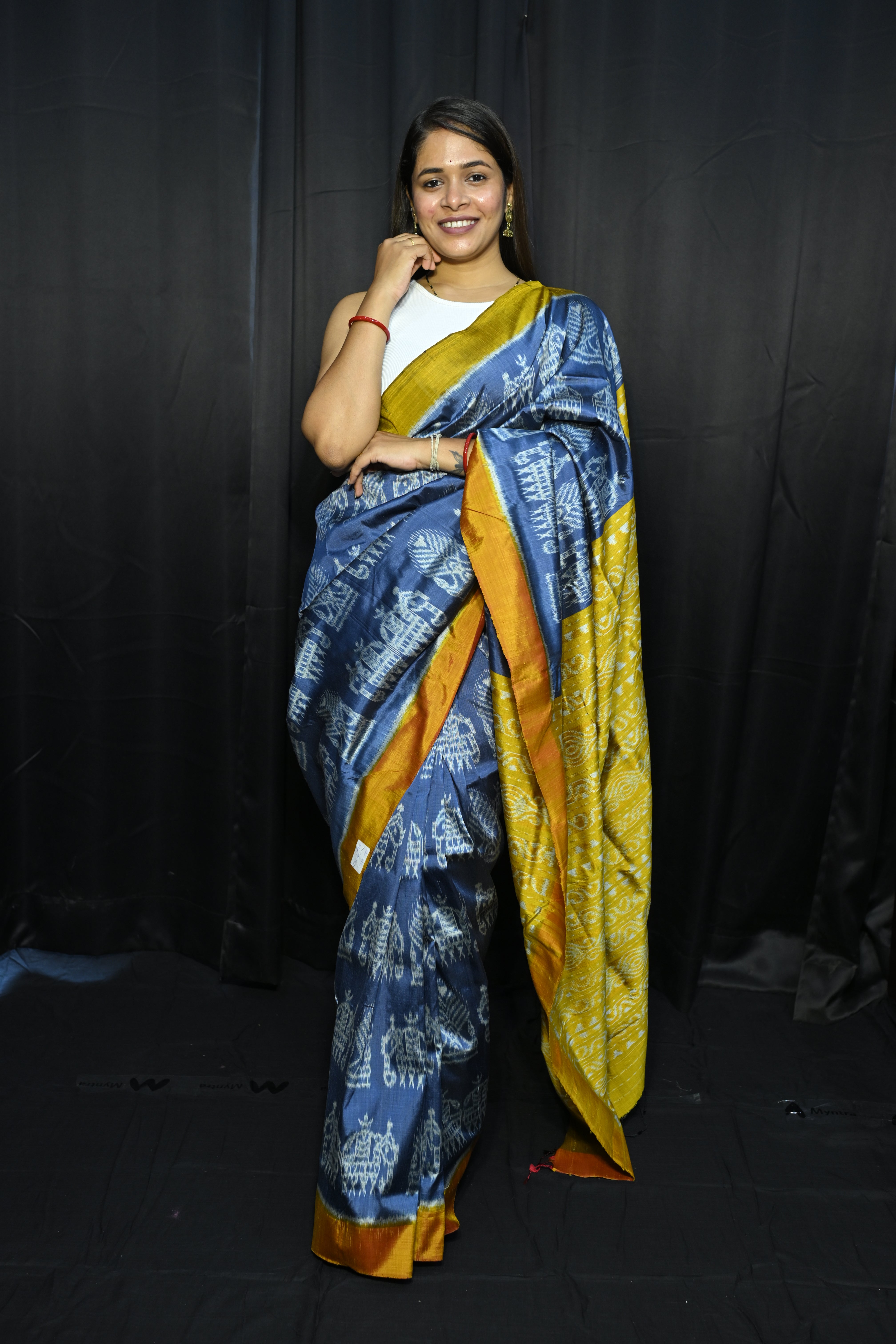 Teal Blue Yellow Elephant Design Mulberry Silk Saree