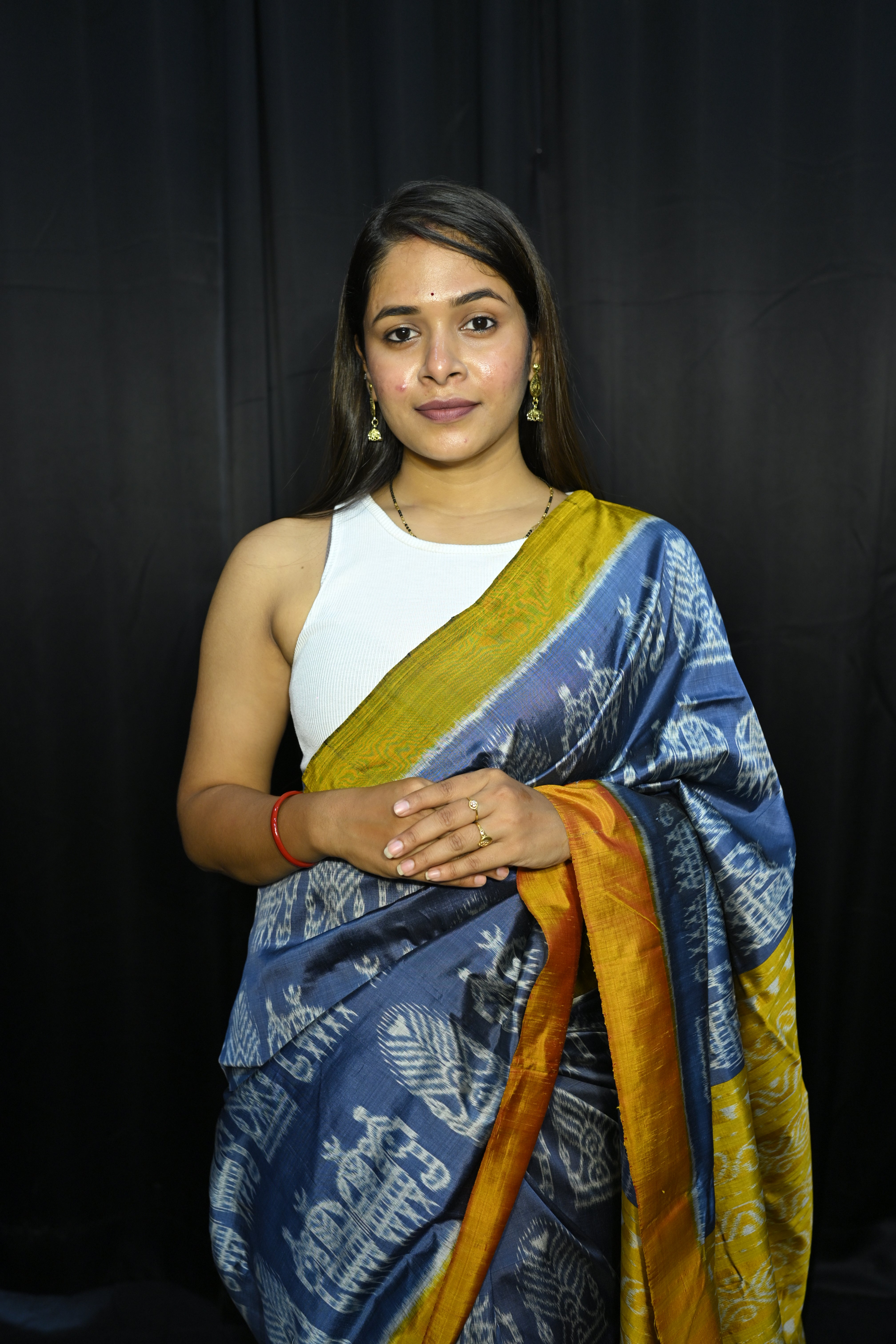 Teal Blue Yellow Elephant Design Mulberry Silk Saree