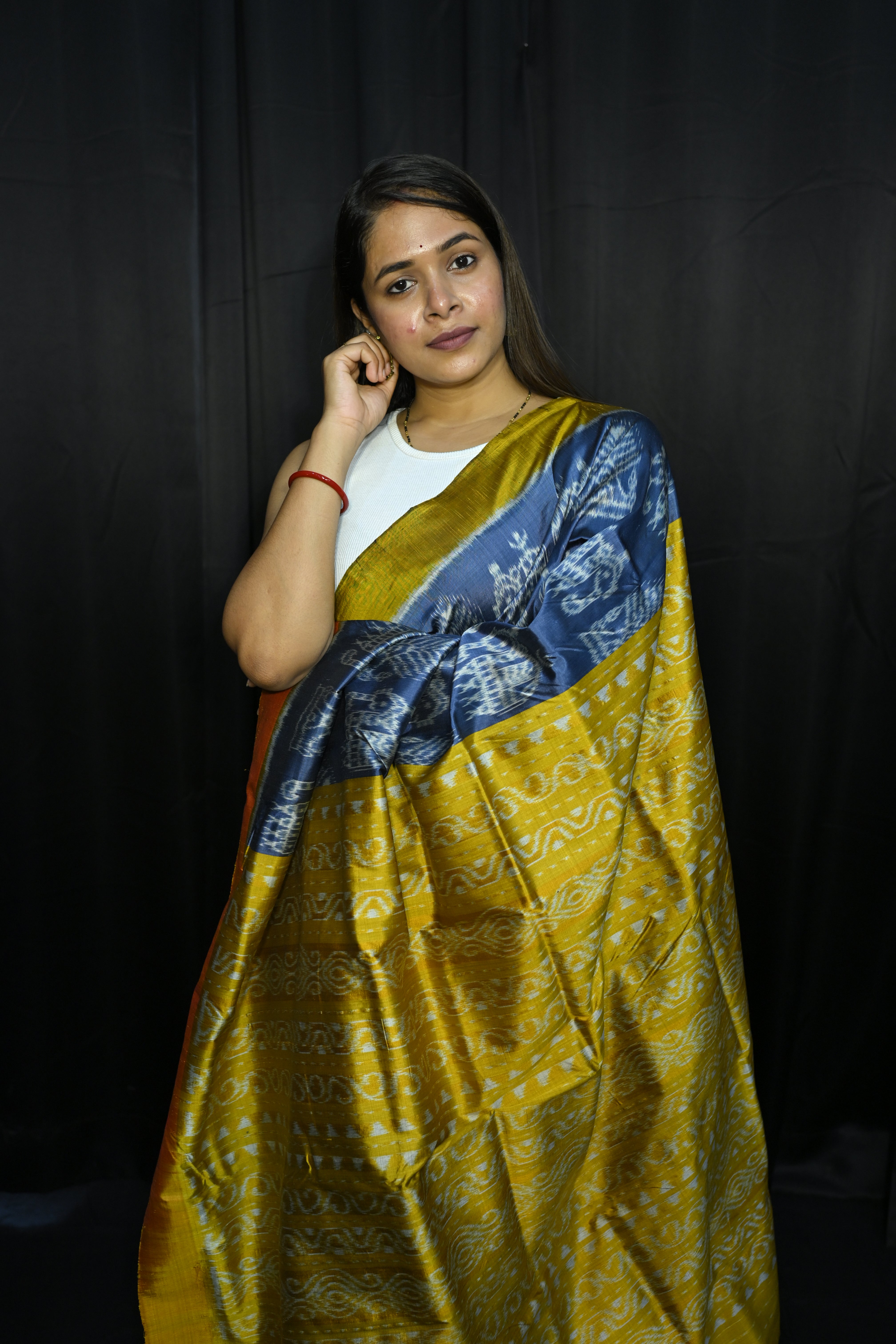 Teal Blue Yellow Elephant Design Mulberry Silk Saree
