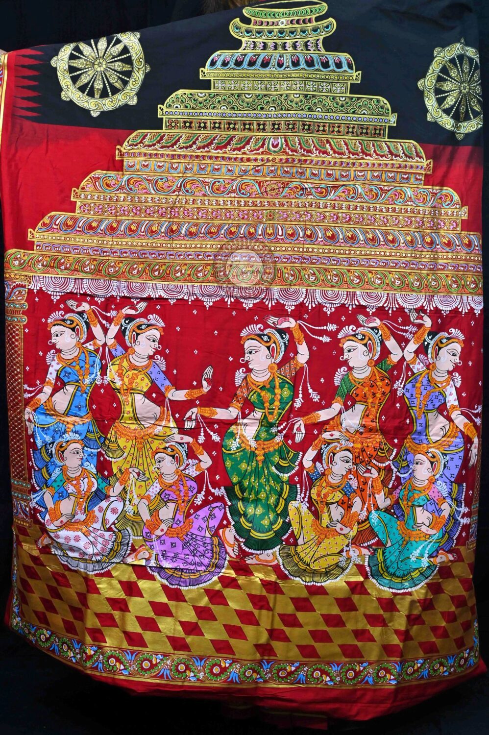 Black Red Konark Temple Nartakis Pattachitra Silk Saree