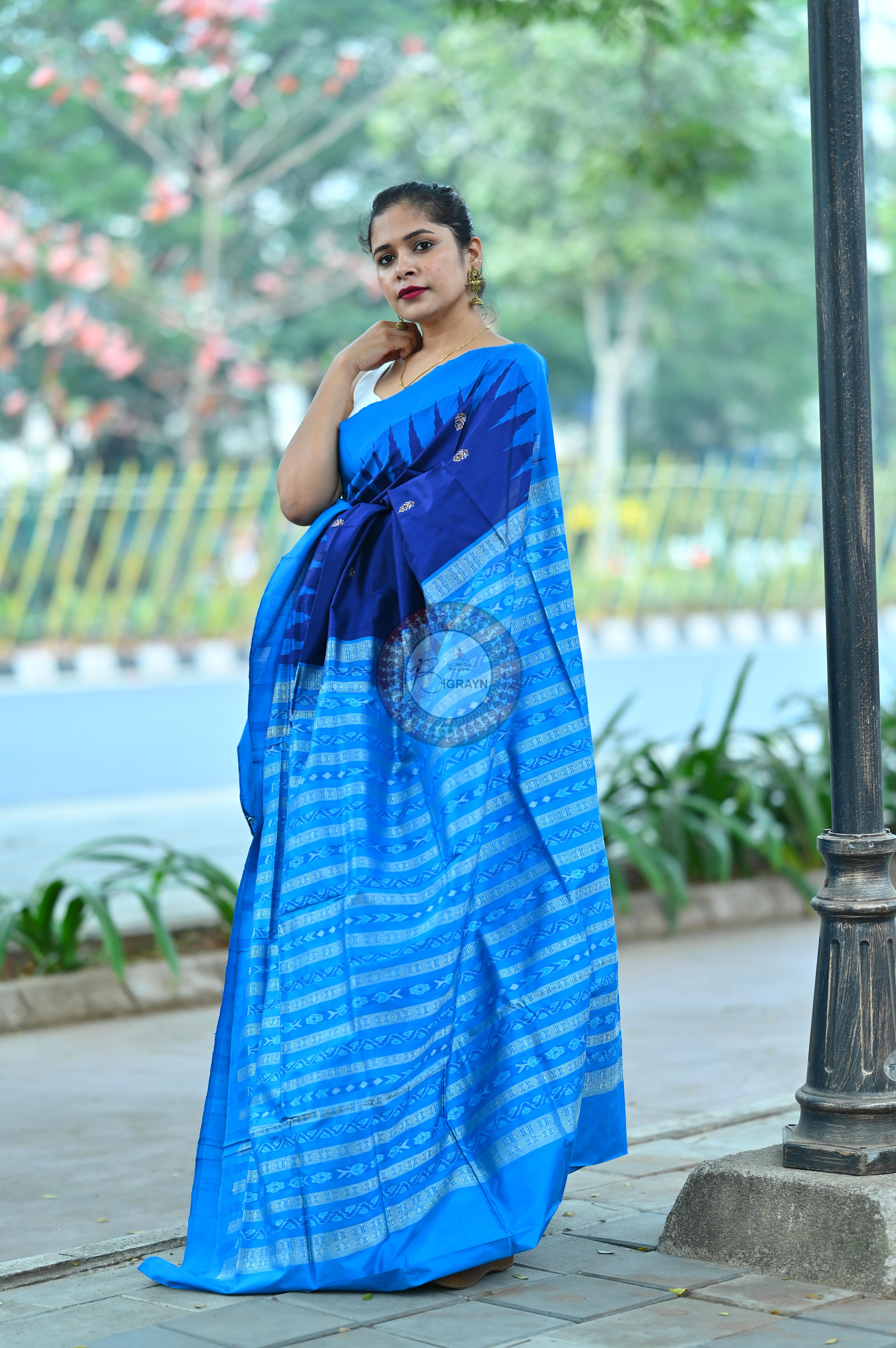 Navy Blue Flower Bomkai Silk Saree