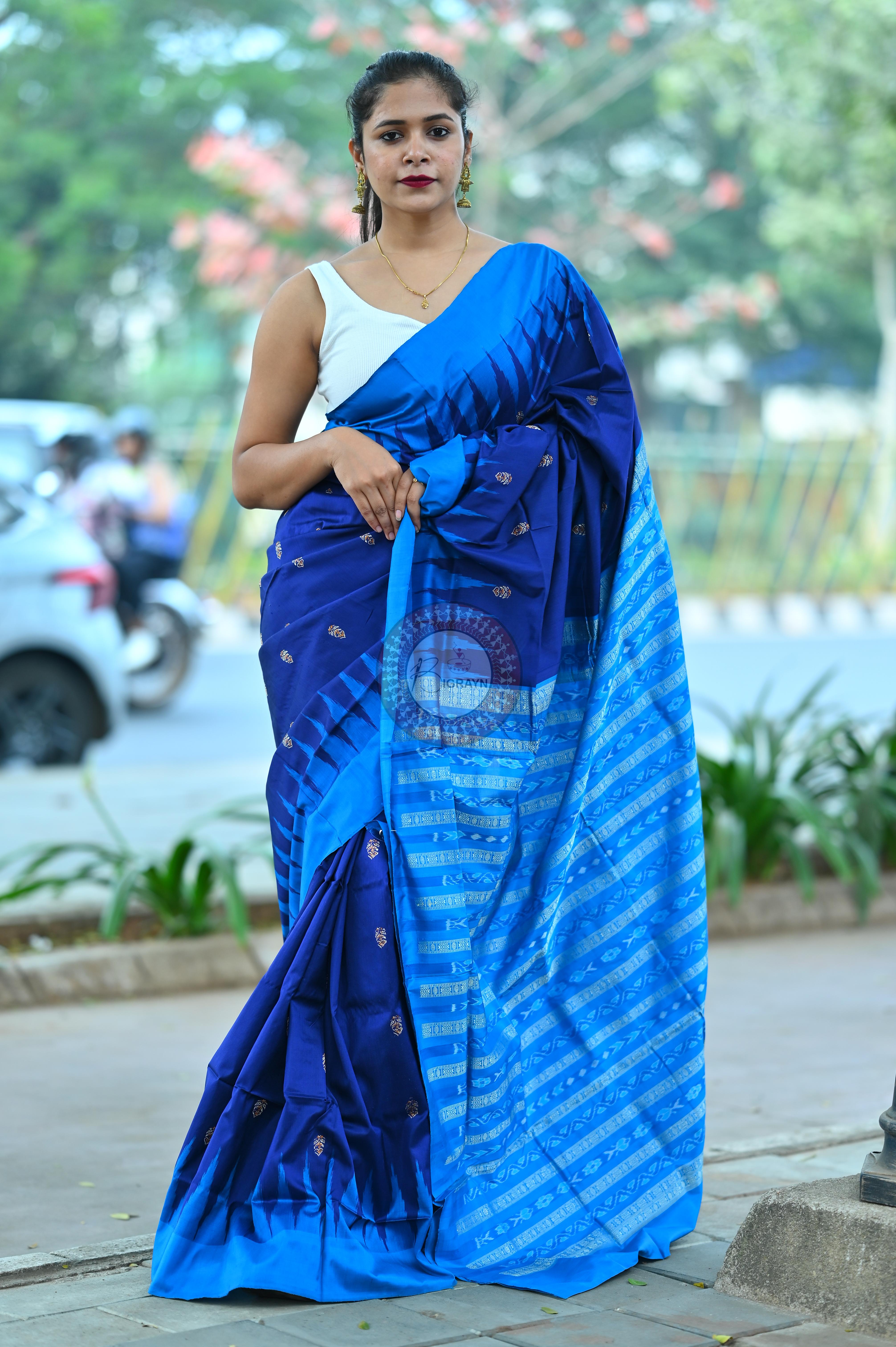 Navy Blue Flower Bomkai Silk Saree