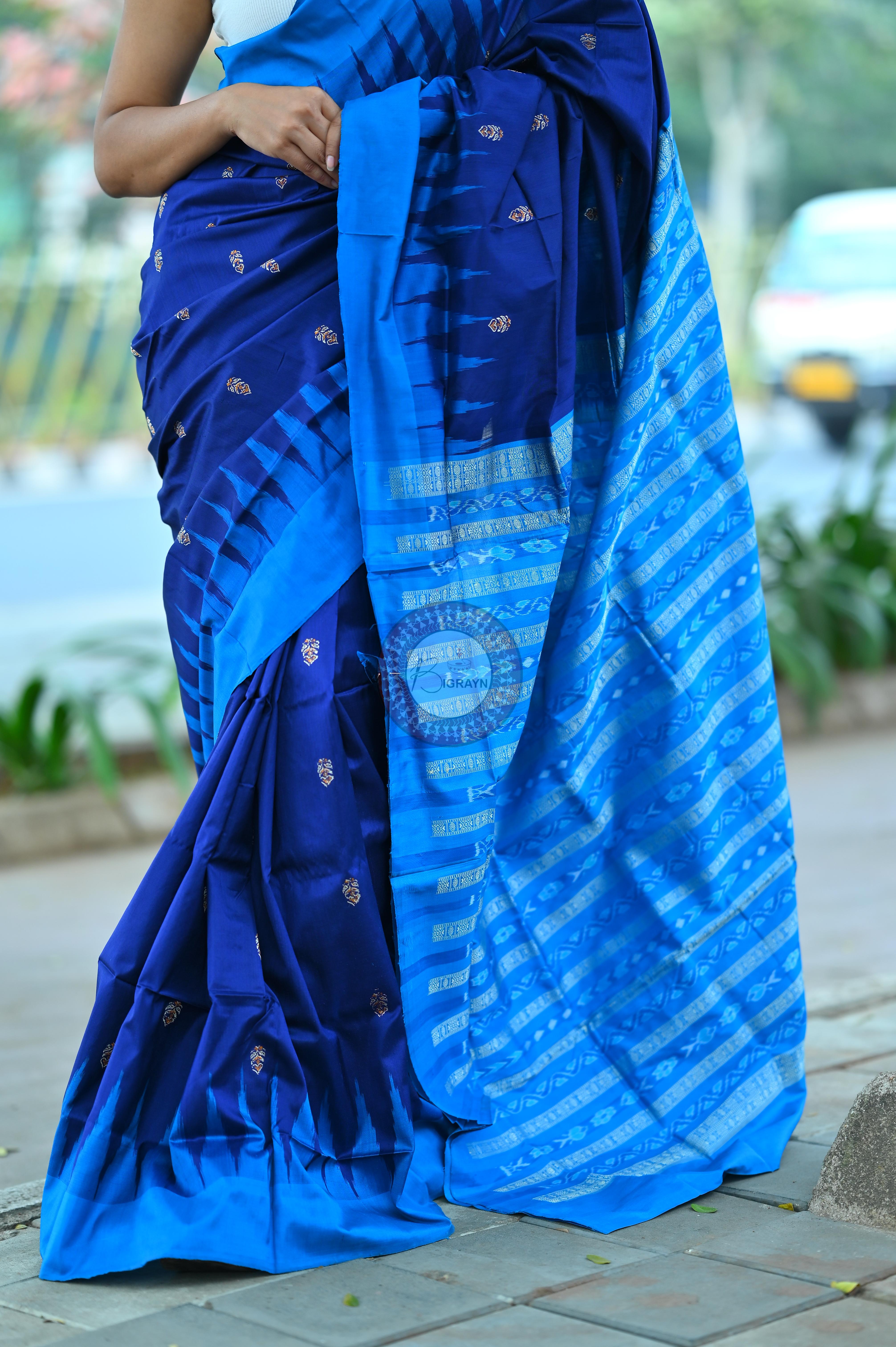 Navy Blue Flower Bomkai Silk Saree