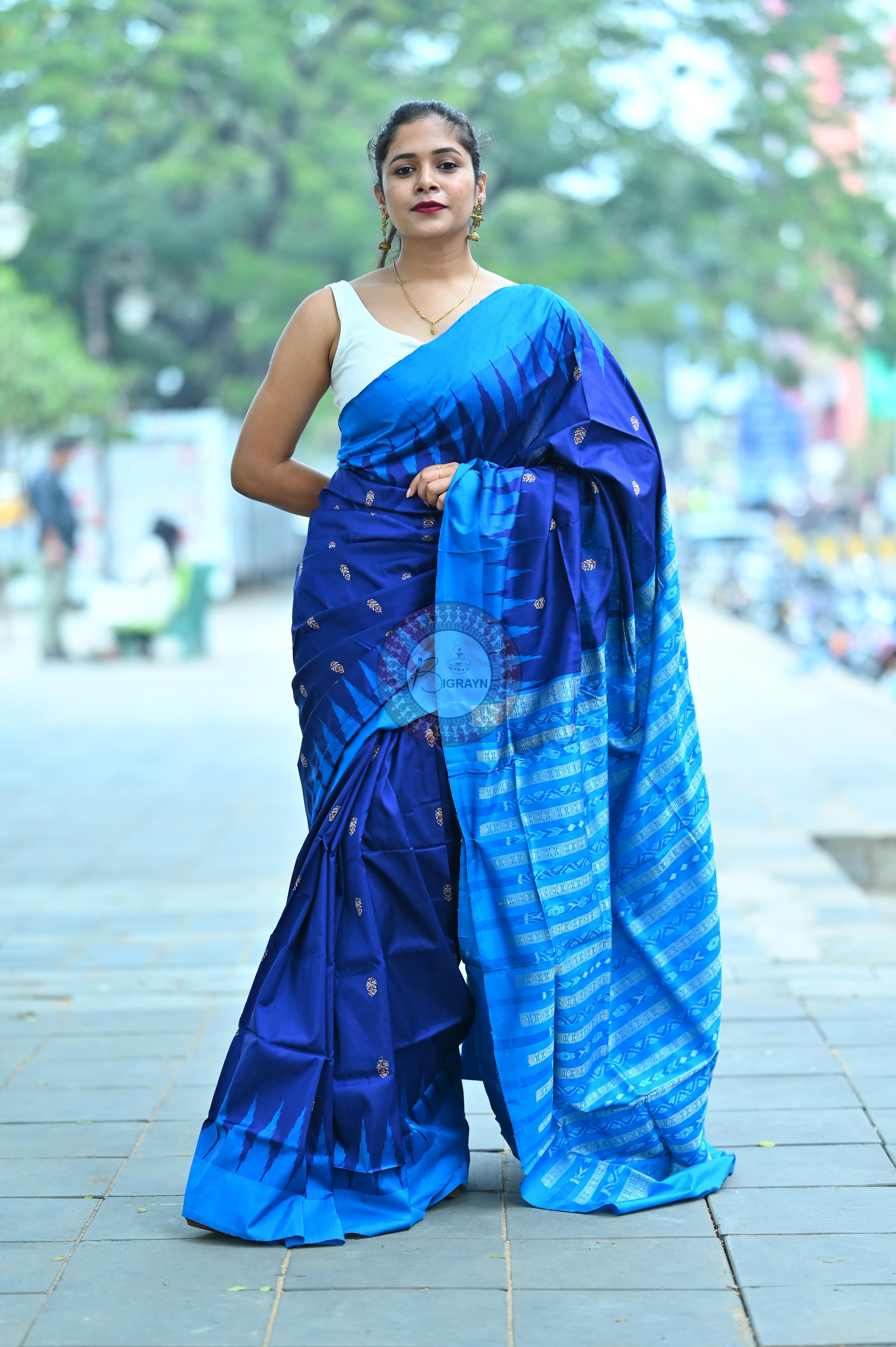 Navy Blue Flower Bomkai Silk Saree