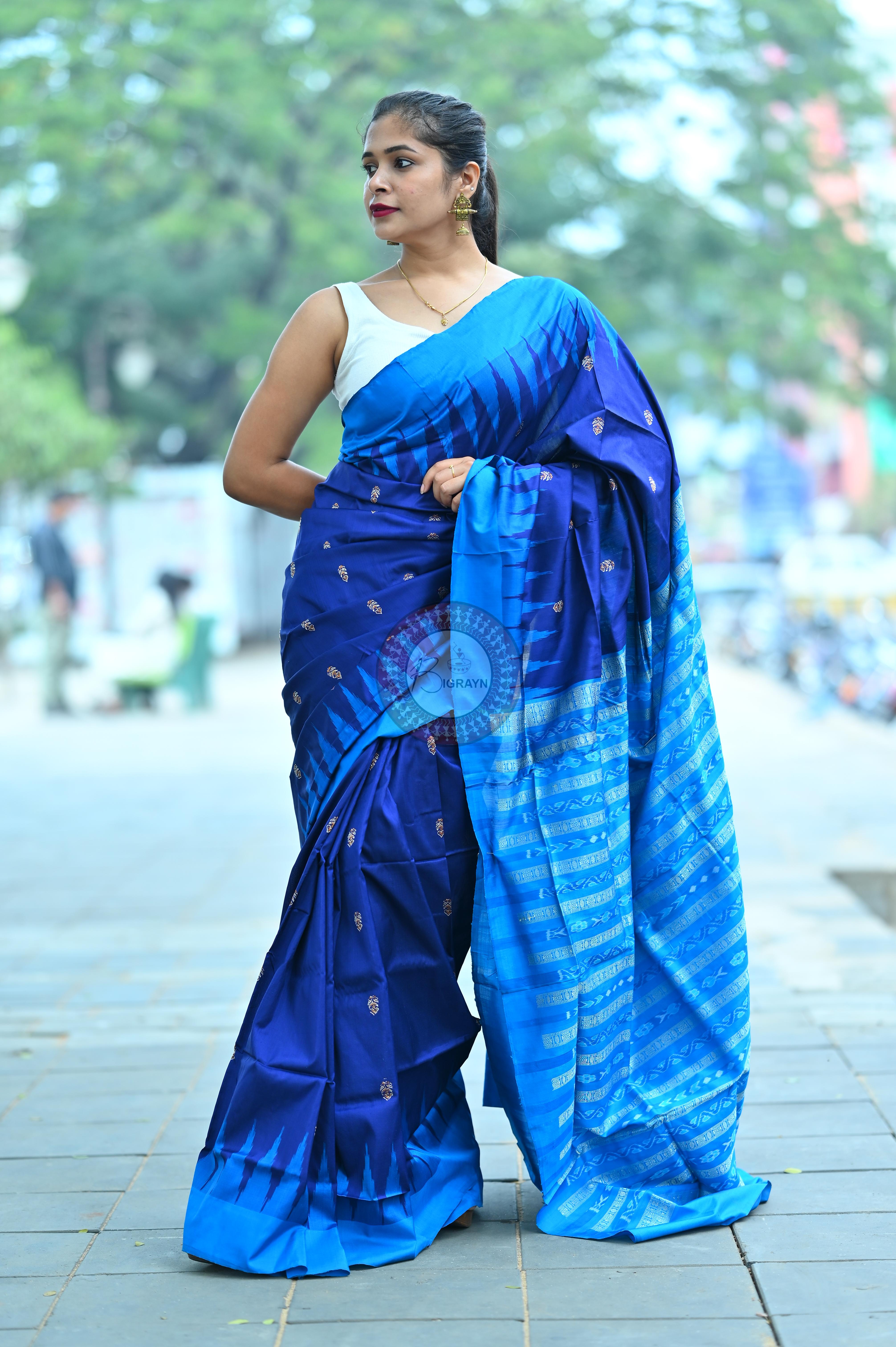 Navy Blue Flower Bomkai Silk Saree