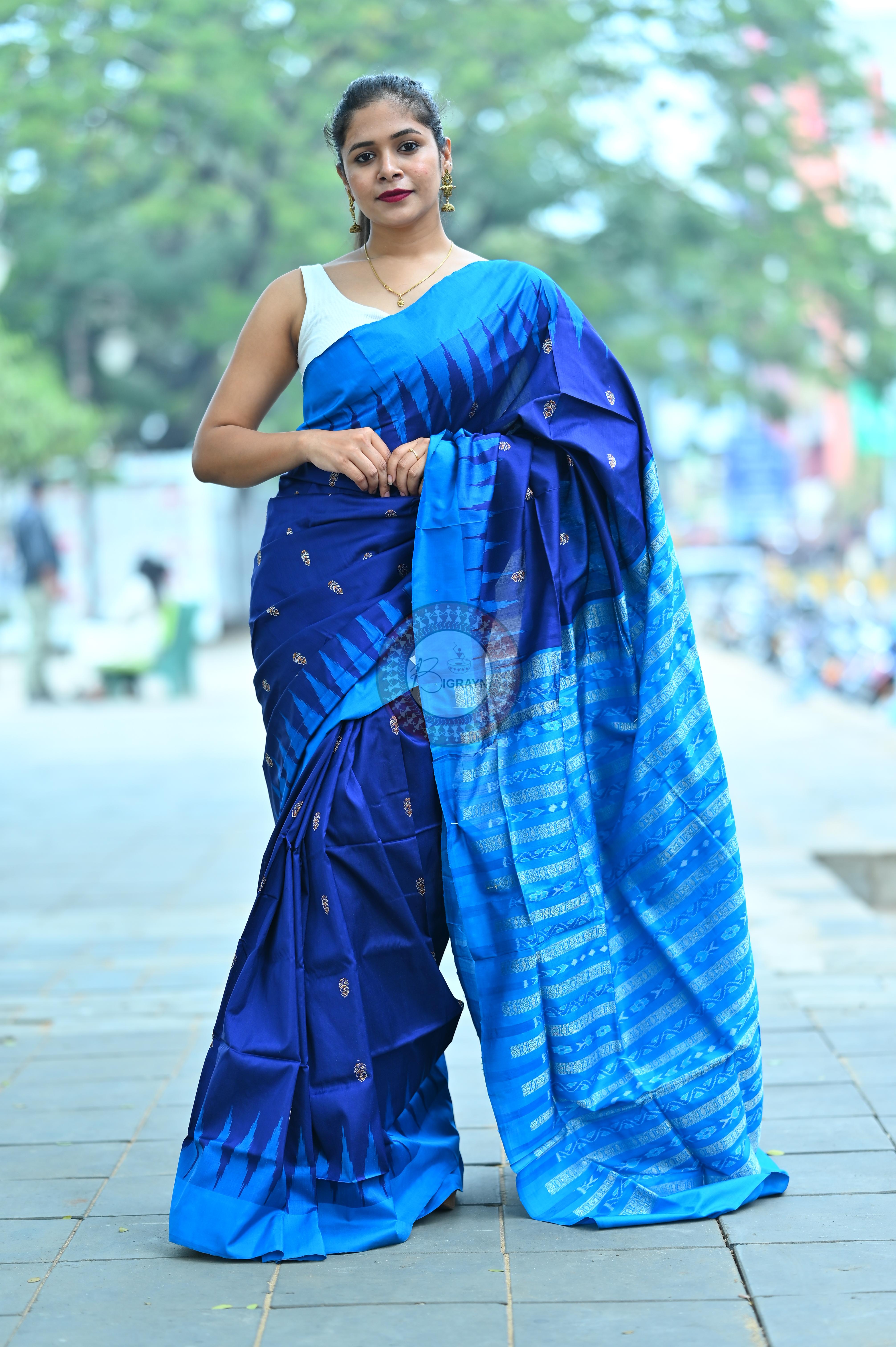 Navy Blue Flower Bomkai Silk Saree