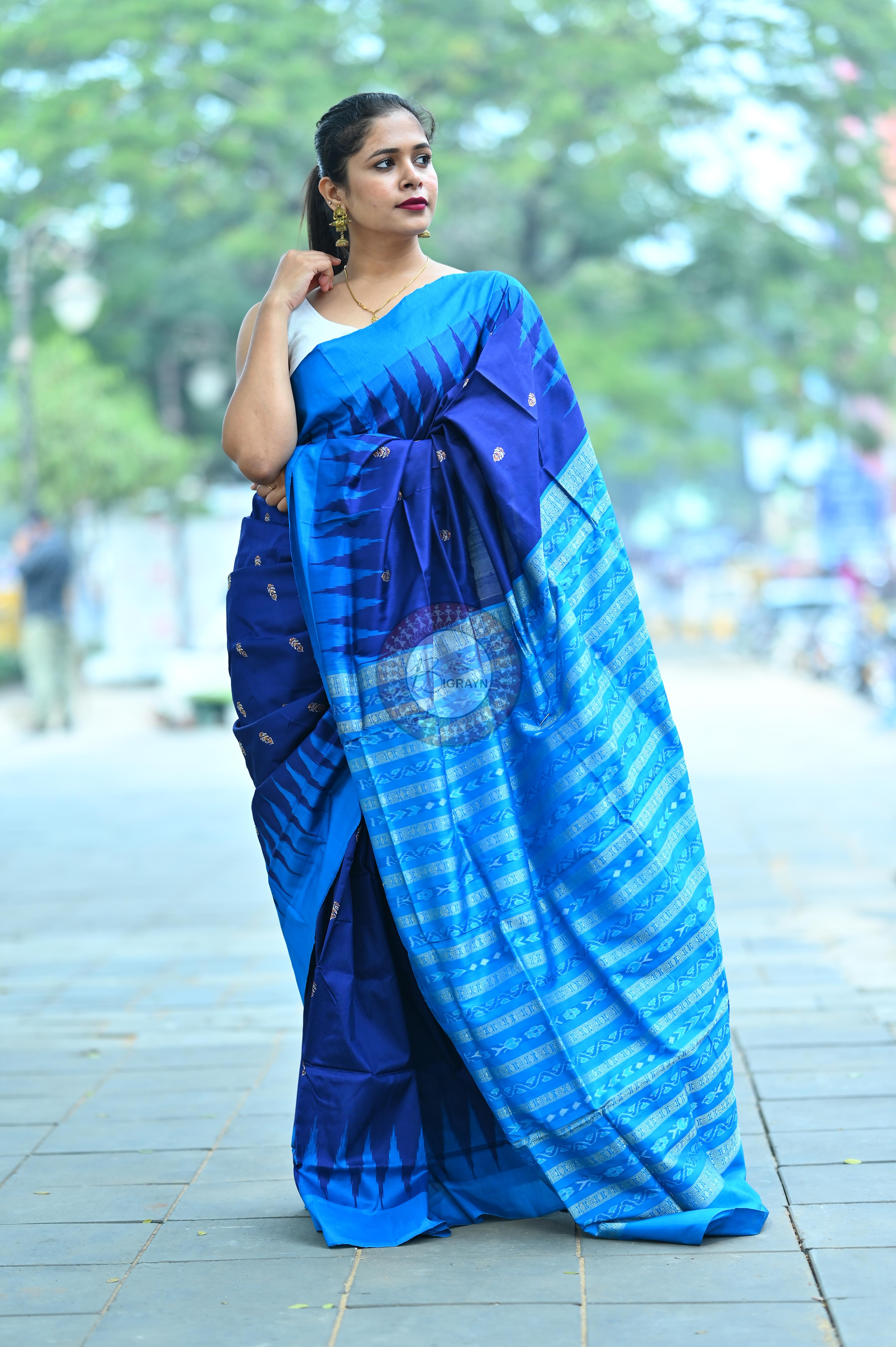 Navy Blue Flower Bomkai Silk Saree