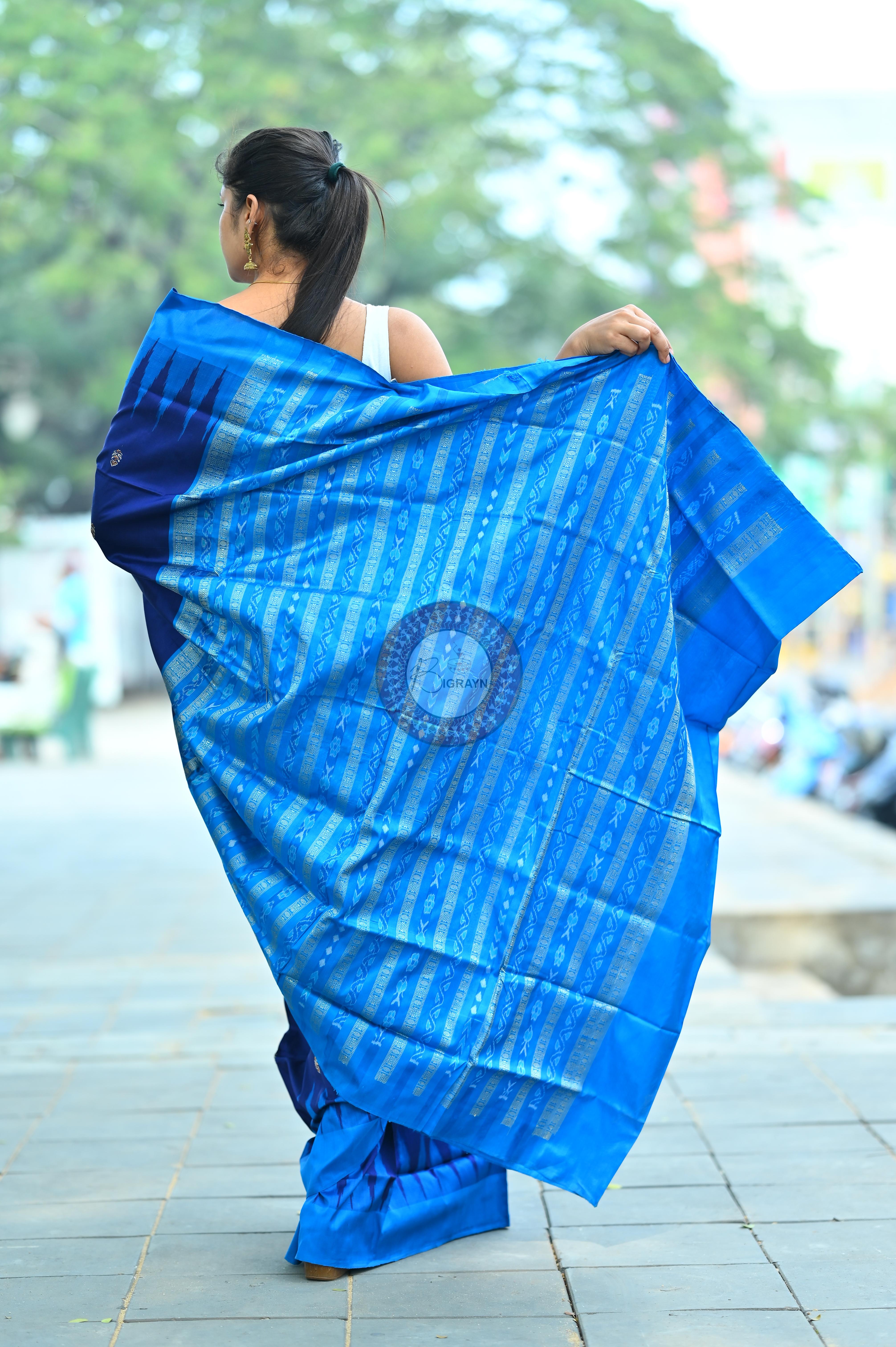 Navy Blue Flower Bomkai Silk Saree