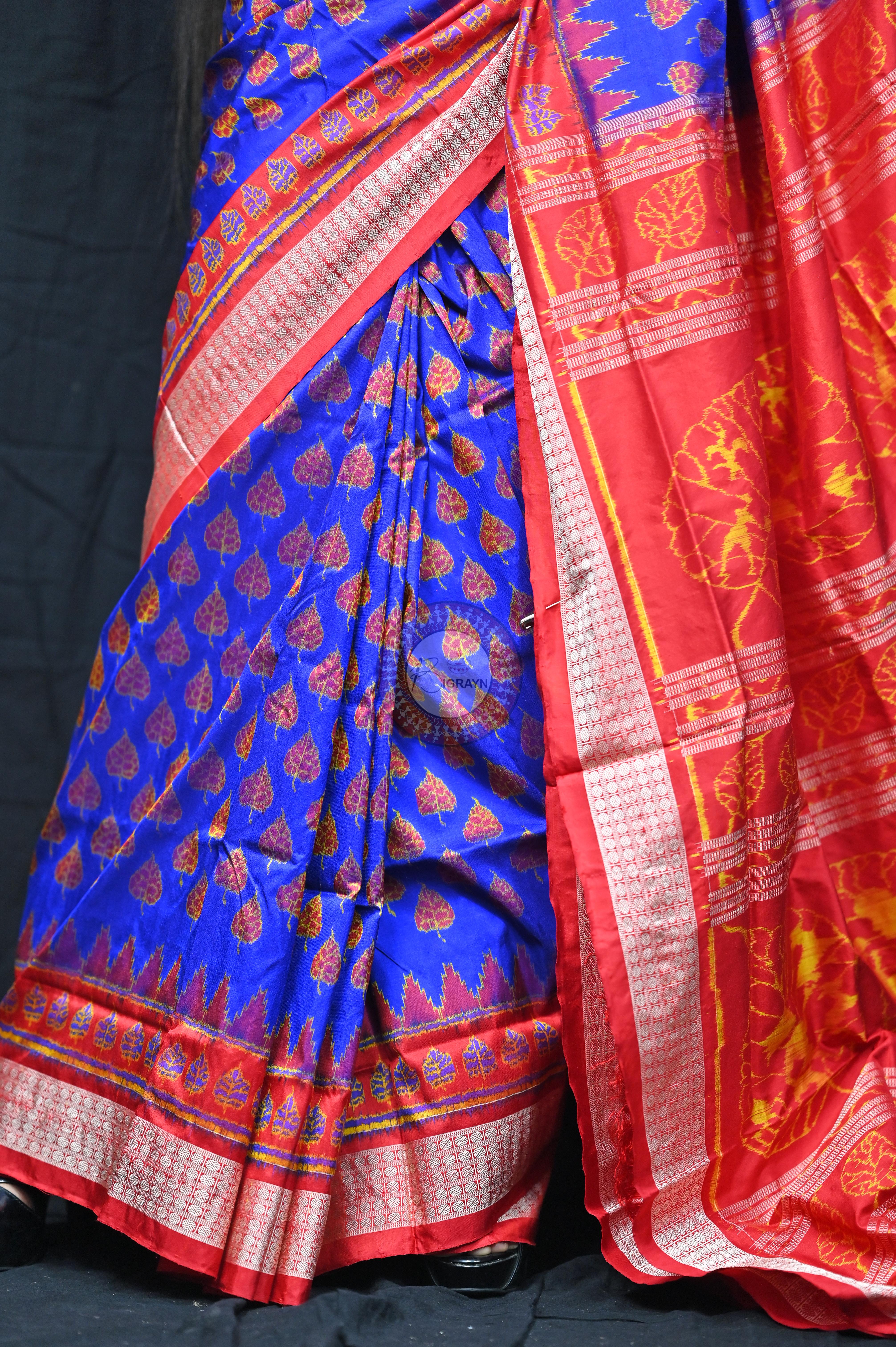 Blue Red Peepal Leaves Sambalpuri Silk Saree