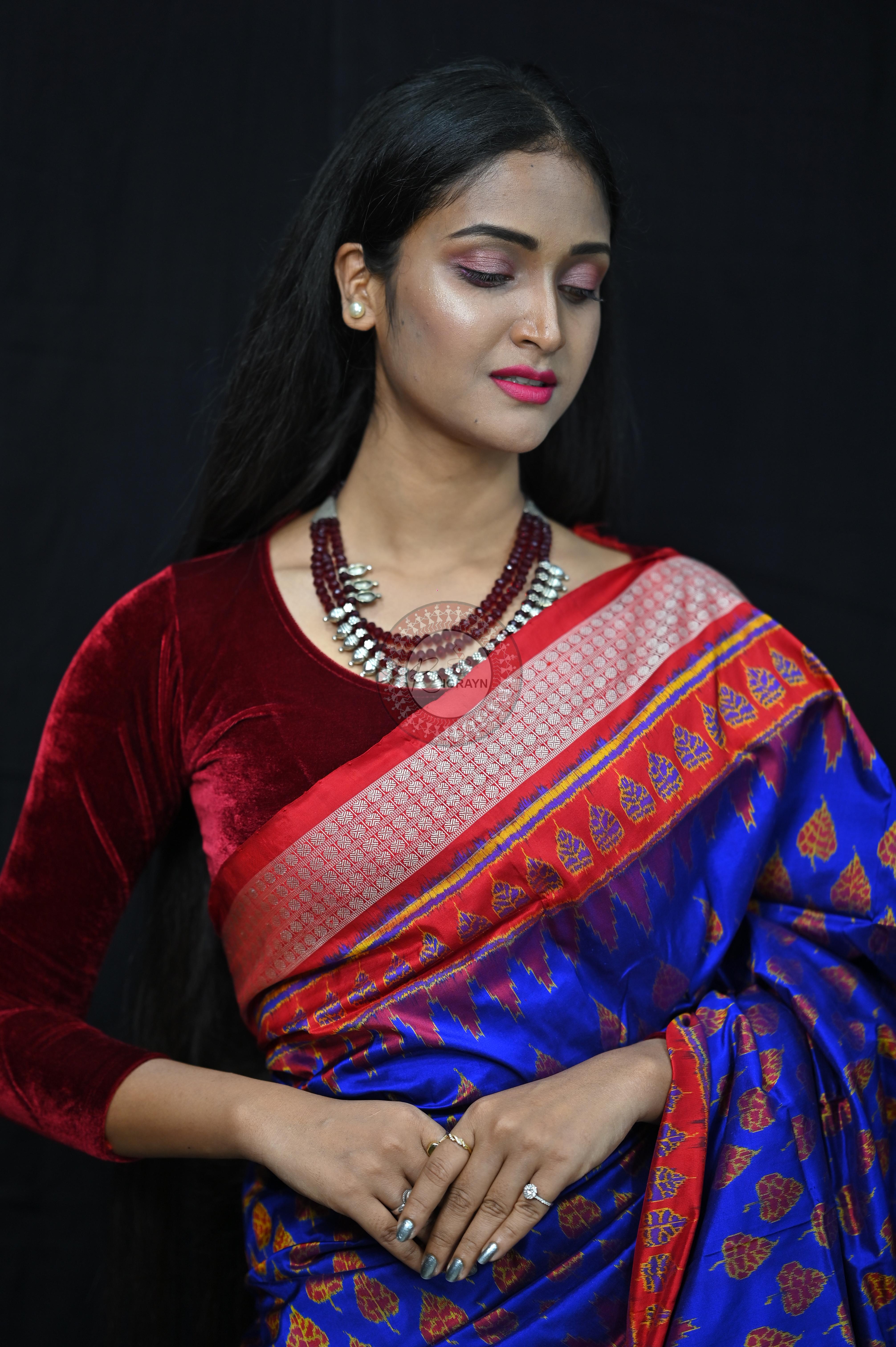 Blue Red Peepal Leaves Sambalpuri Silk Saree