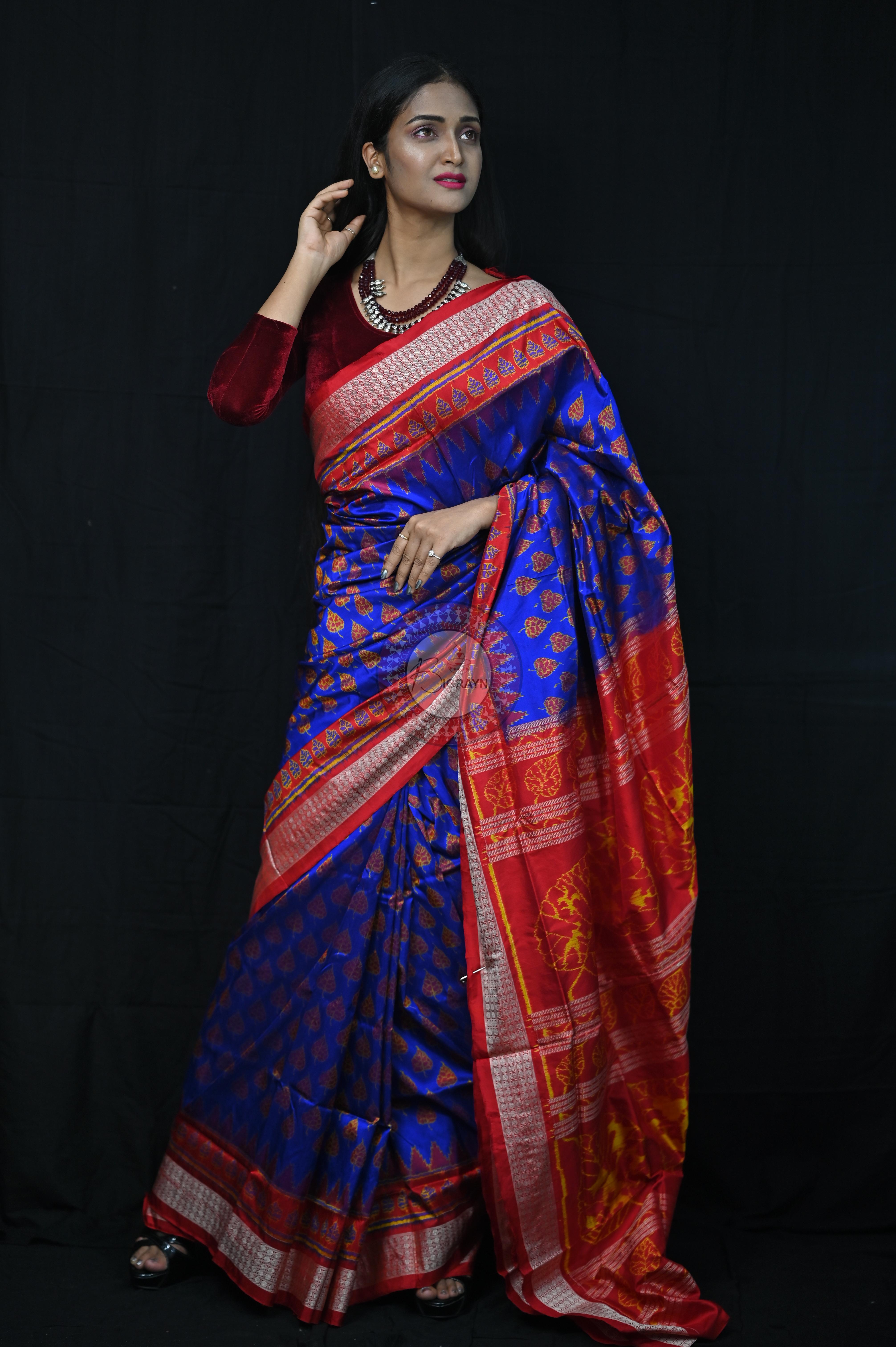 Blue Red Peepal Leaves Sambalpuri Silk Saree