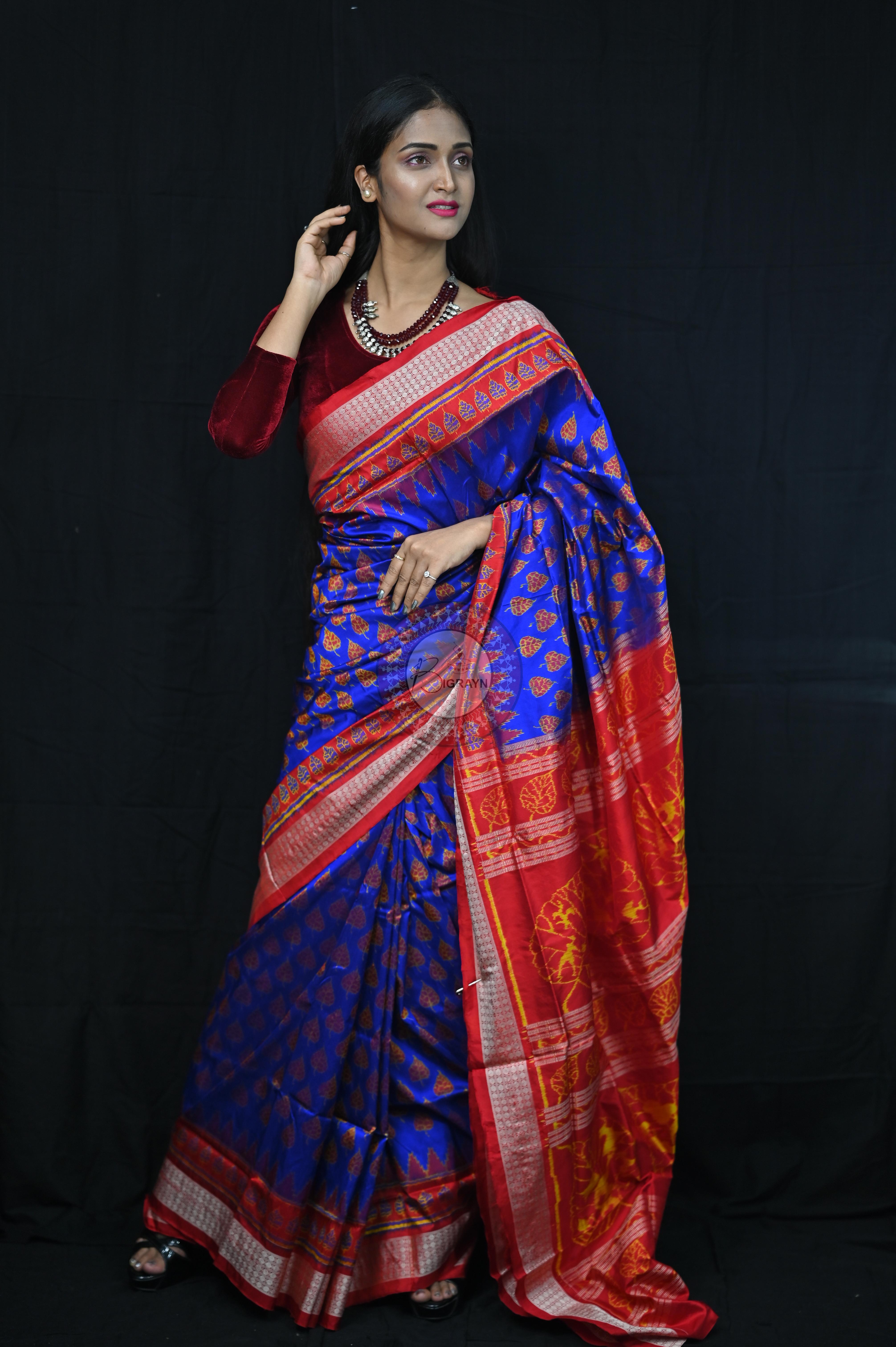 Blue Red Peepal Leaves Sambalpuri Silk Saree