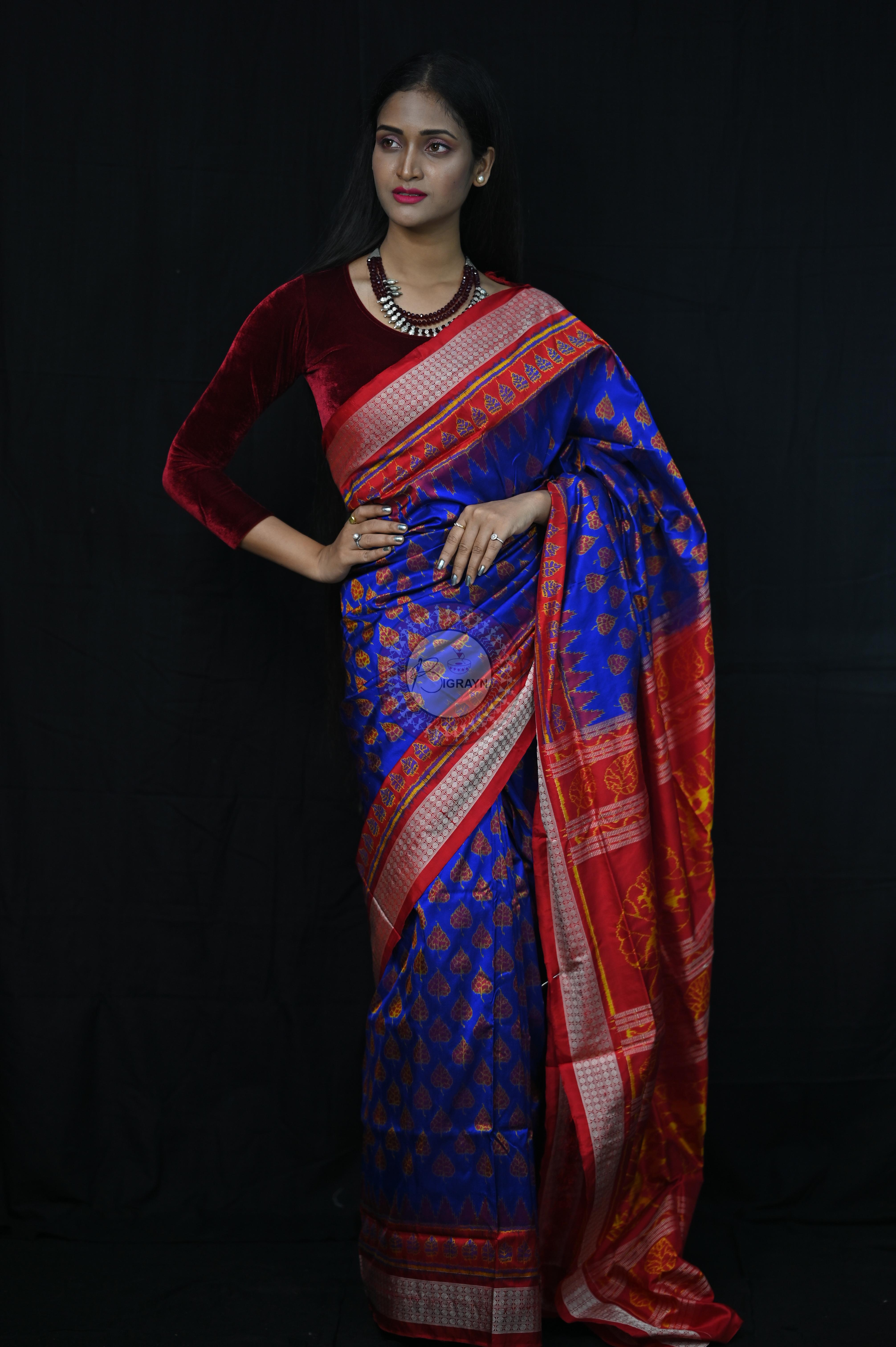 Blue Red Peepal Leaves Sambalpuri Silk Saree