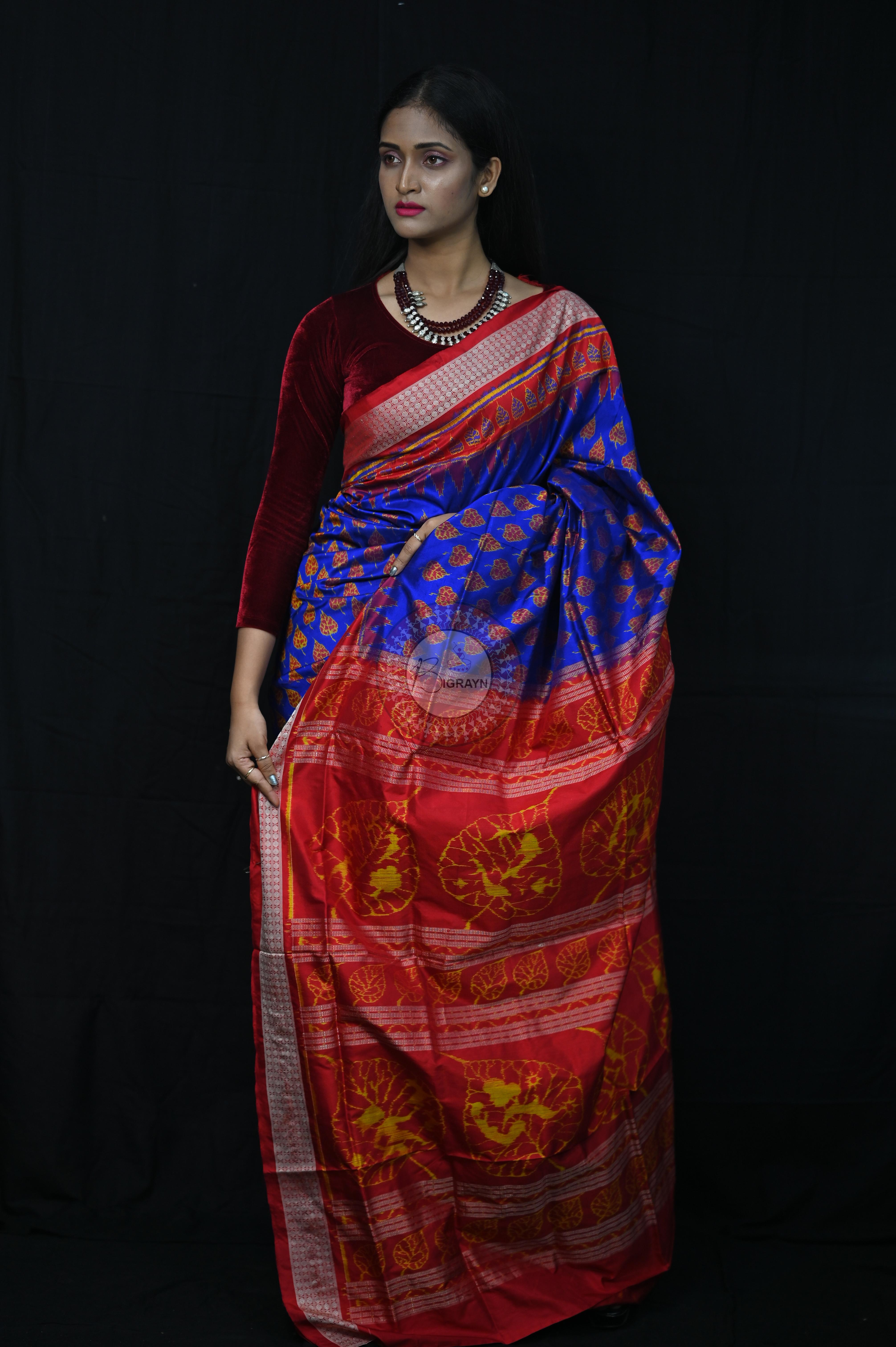 Blue Red Peepal Leaves Sambalpuri Silk Saree
