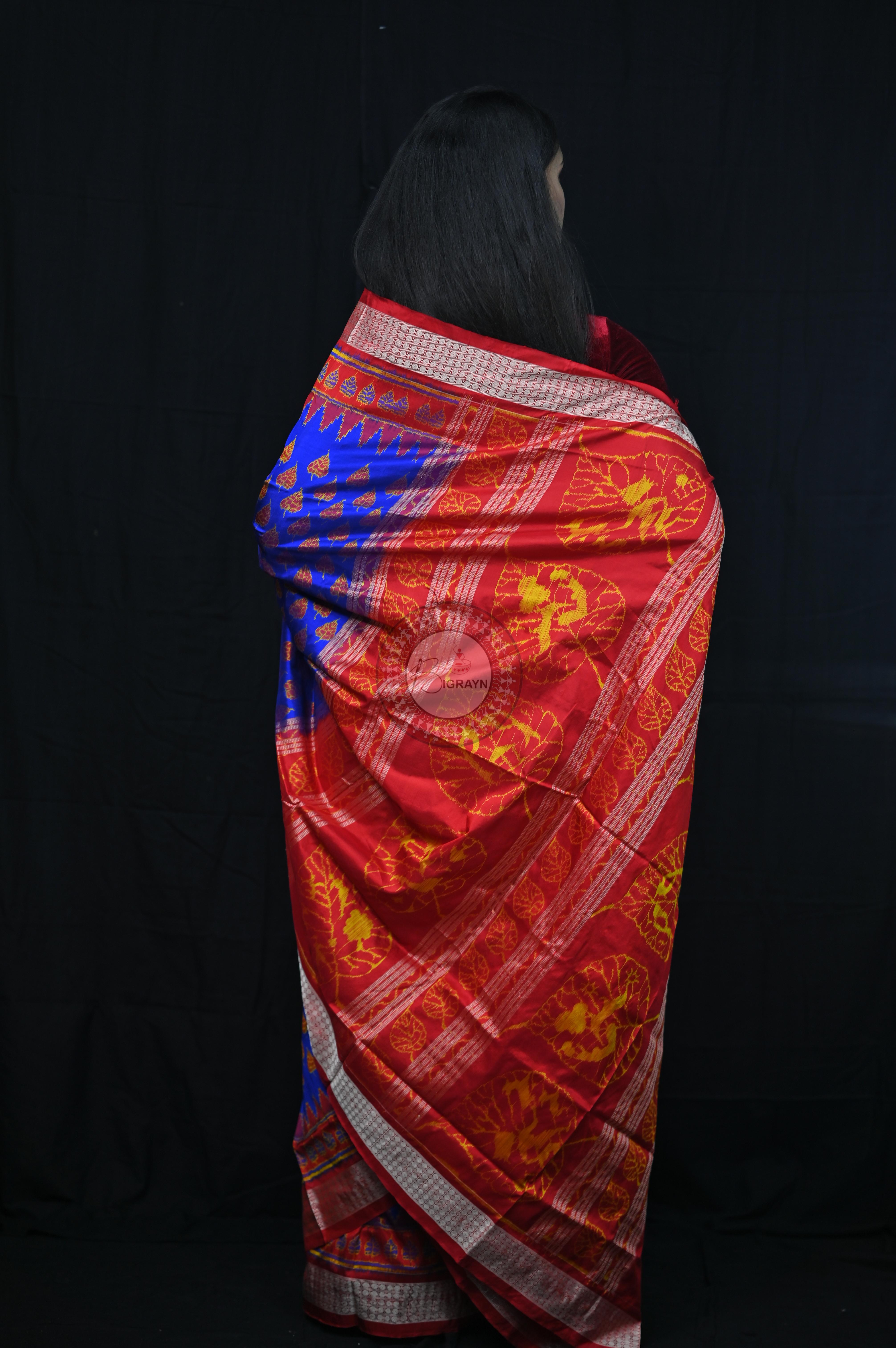 Blue Red Peepal Leaves Sambalpuri Silk Saree