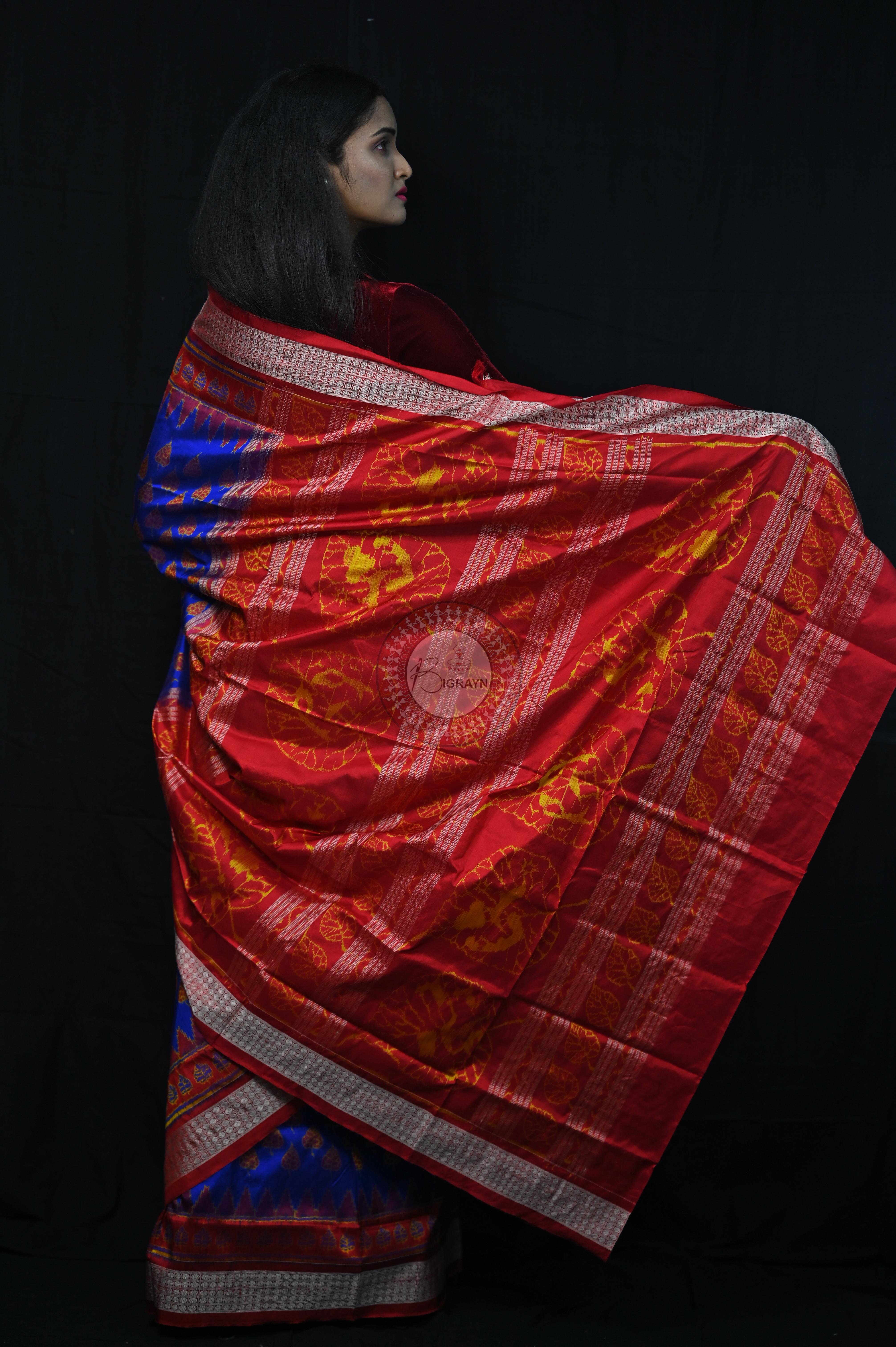 Blue Red Peepal Leaves Sambalpuri Silk Saree