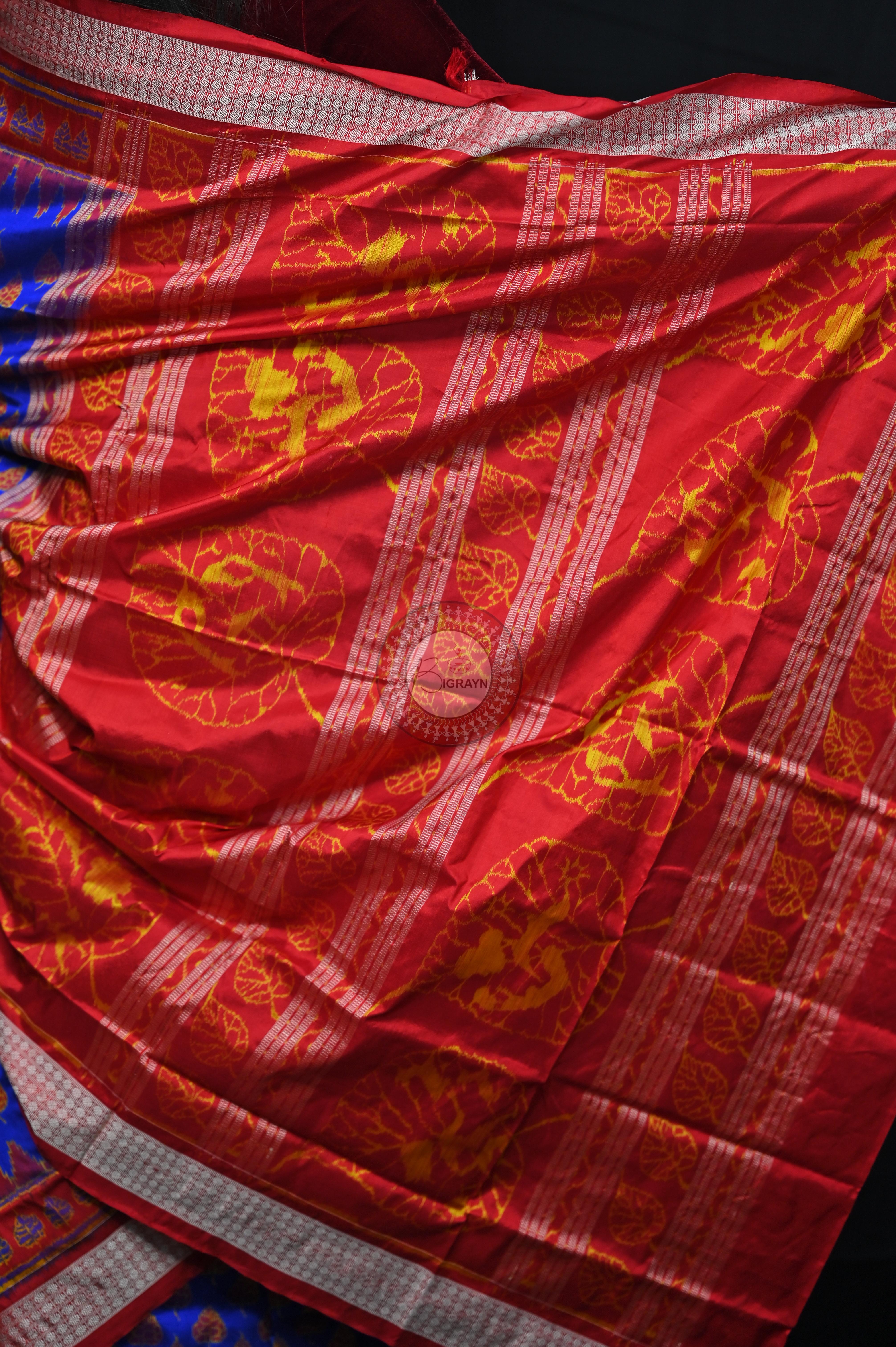 Blue Red Peepal Leaves Sambalpuri Silk Saree