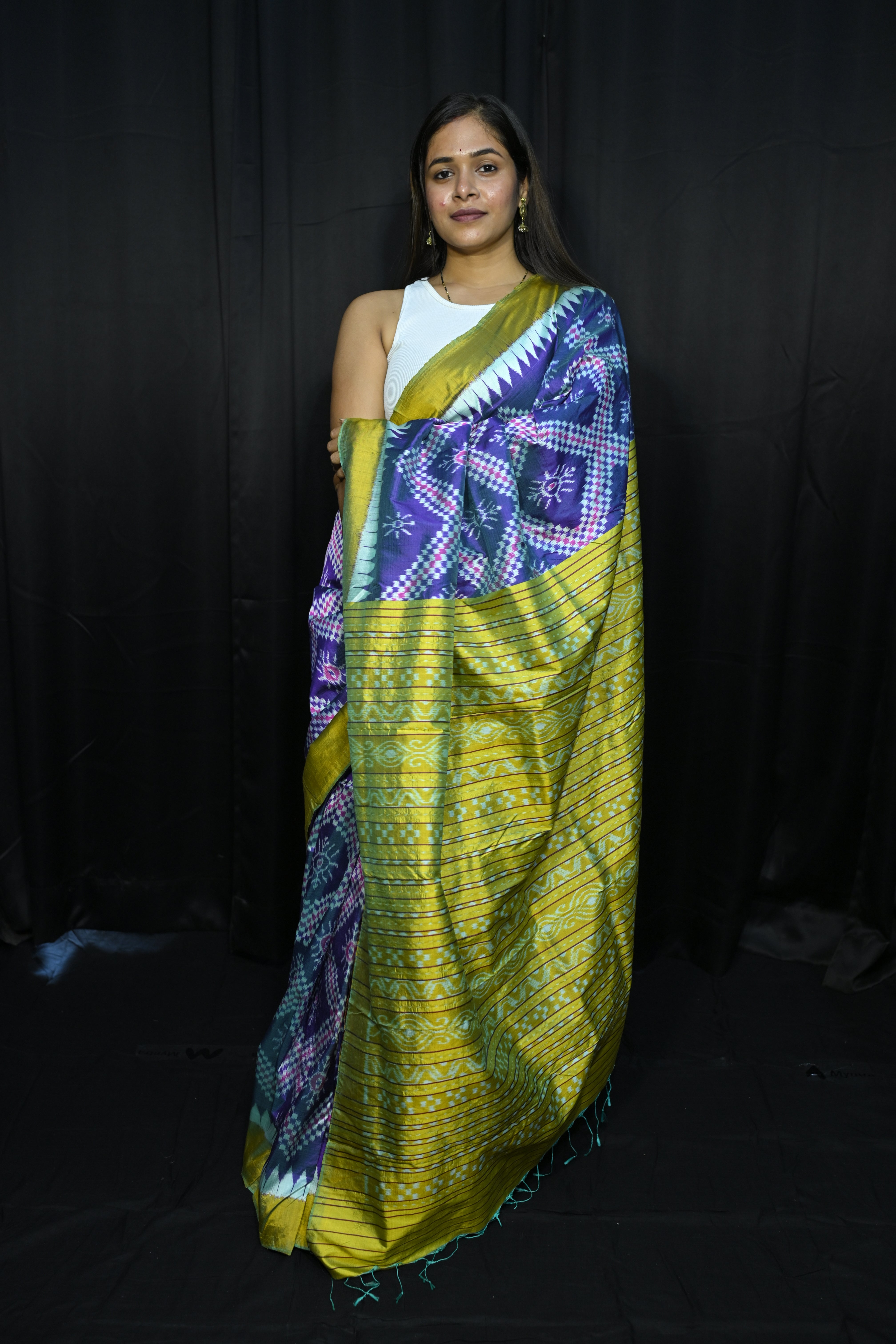 Blue Green Tarabali Design Mulberry Silk Saree